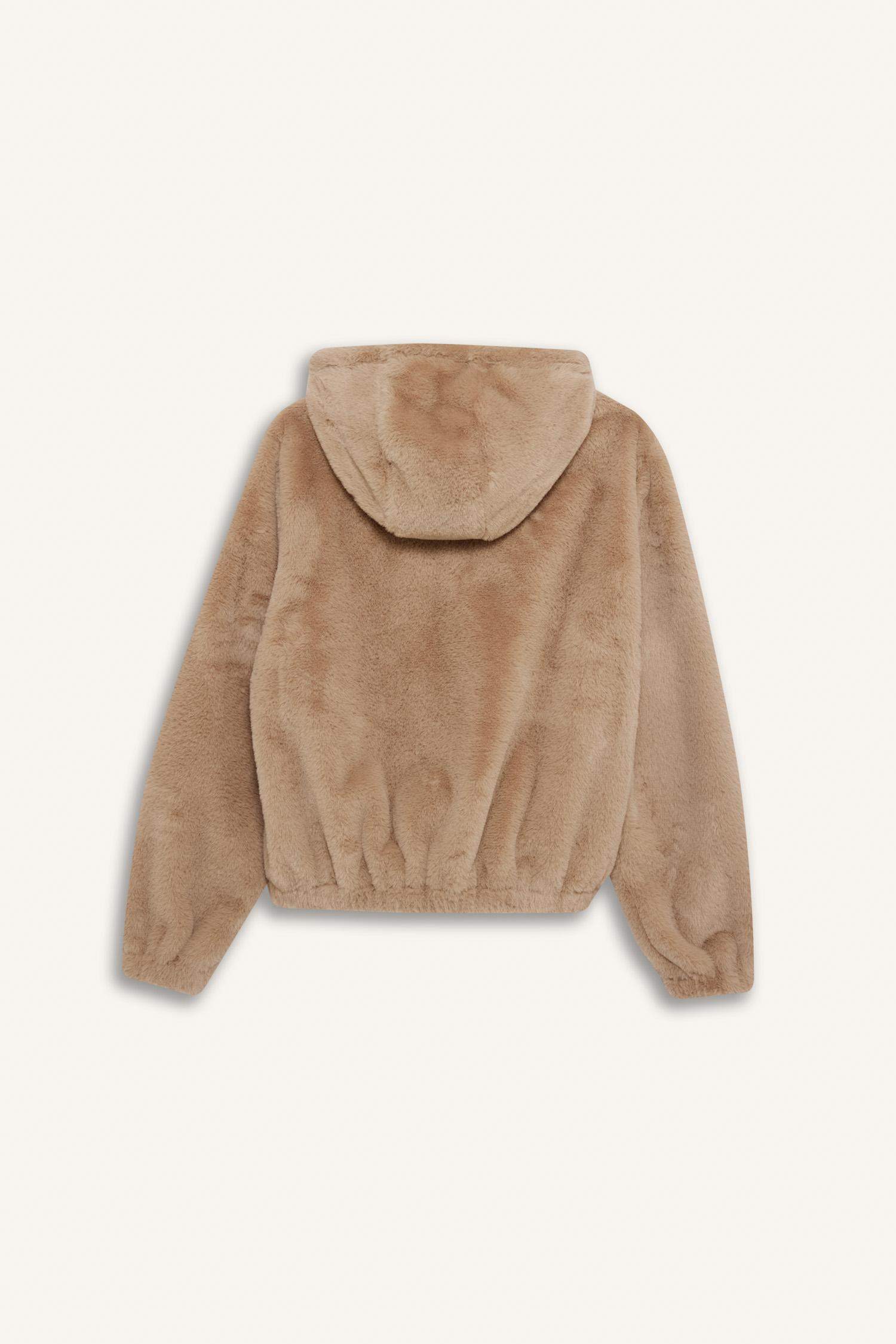 Regular Fit Polar Astarlı Kapüşonlu Fermuarlı Suni Kürk