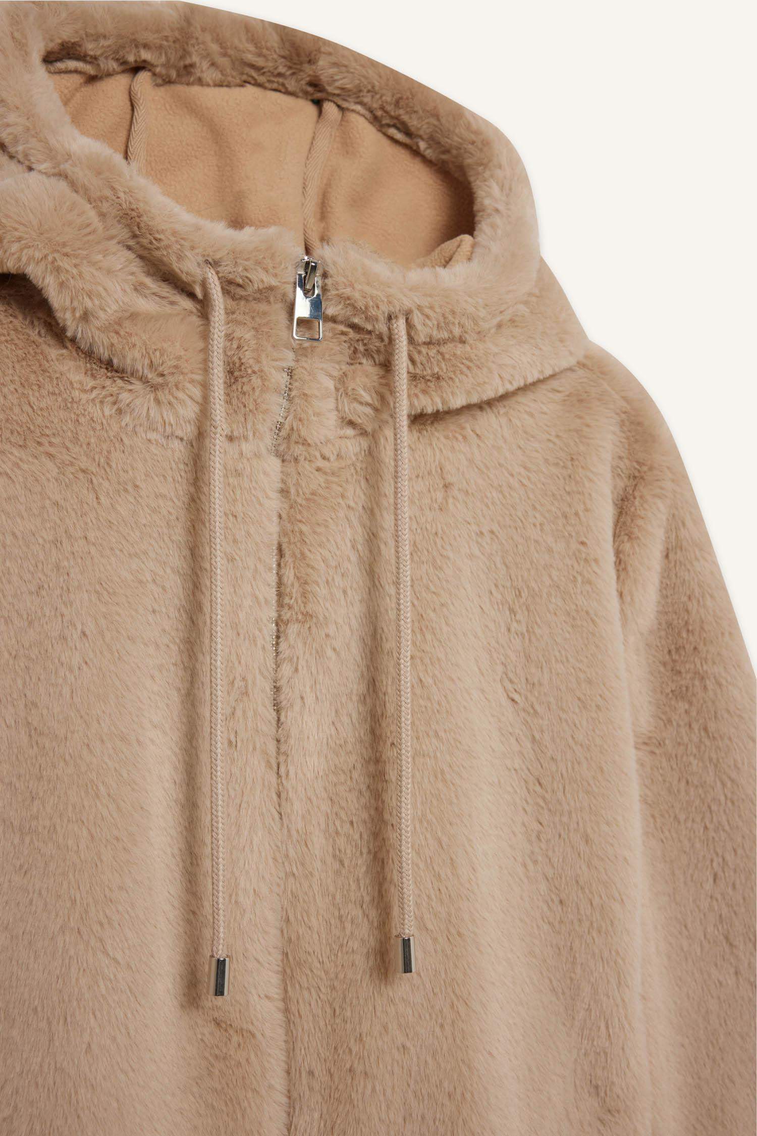 Regular Fit Polar Astarlı Kapüşonlu Fermuarlı Suni Kürk