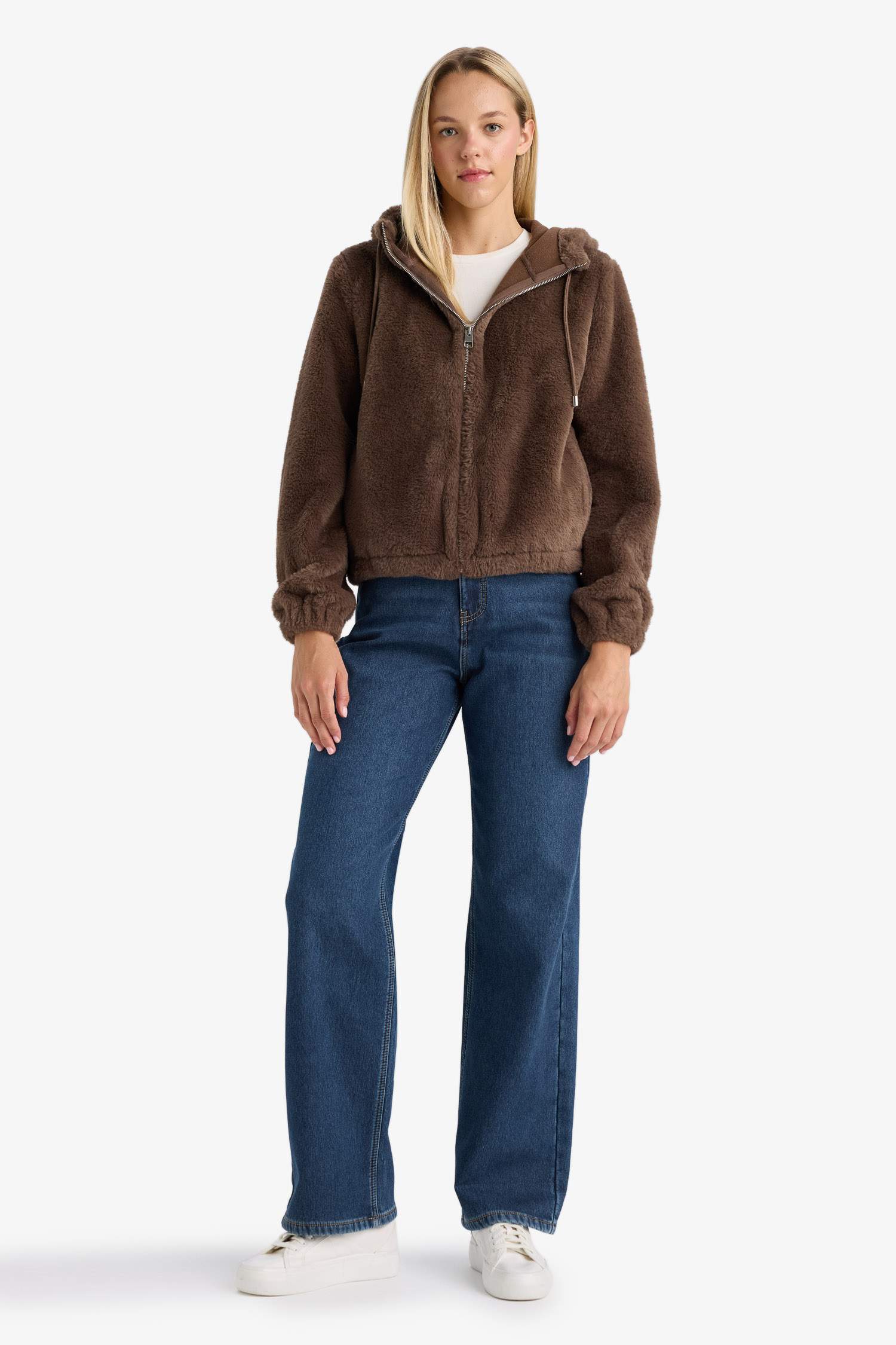 Regular Fit Polar Astarlı Kapüşonlu Fermuarlı Suni Kürk