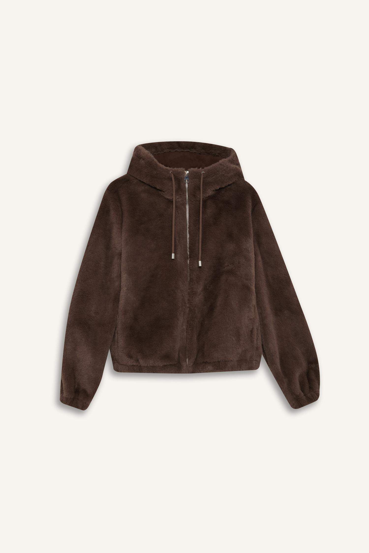 Regular Fit Polar Astarlı Kapüşonlu Fermuarlı Suni Kürk