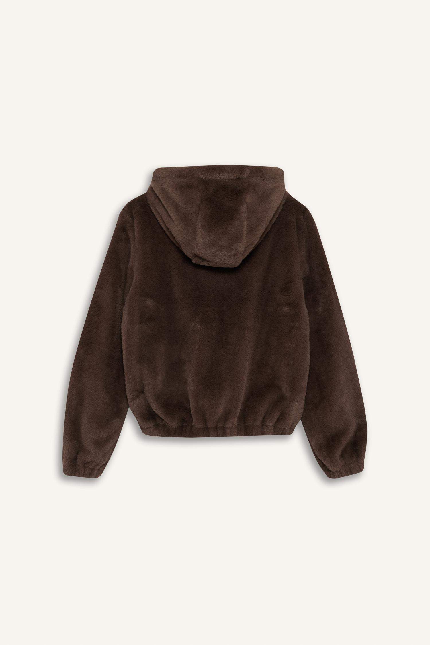 Regular Fit Polar Astarlı Kapüşonlu Fermuarlı Suni Kürk