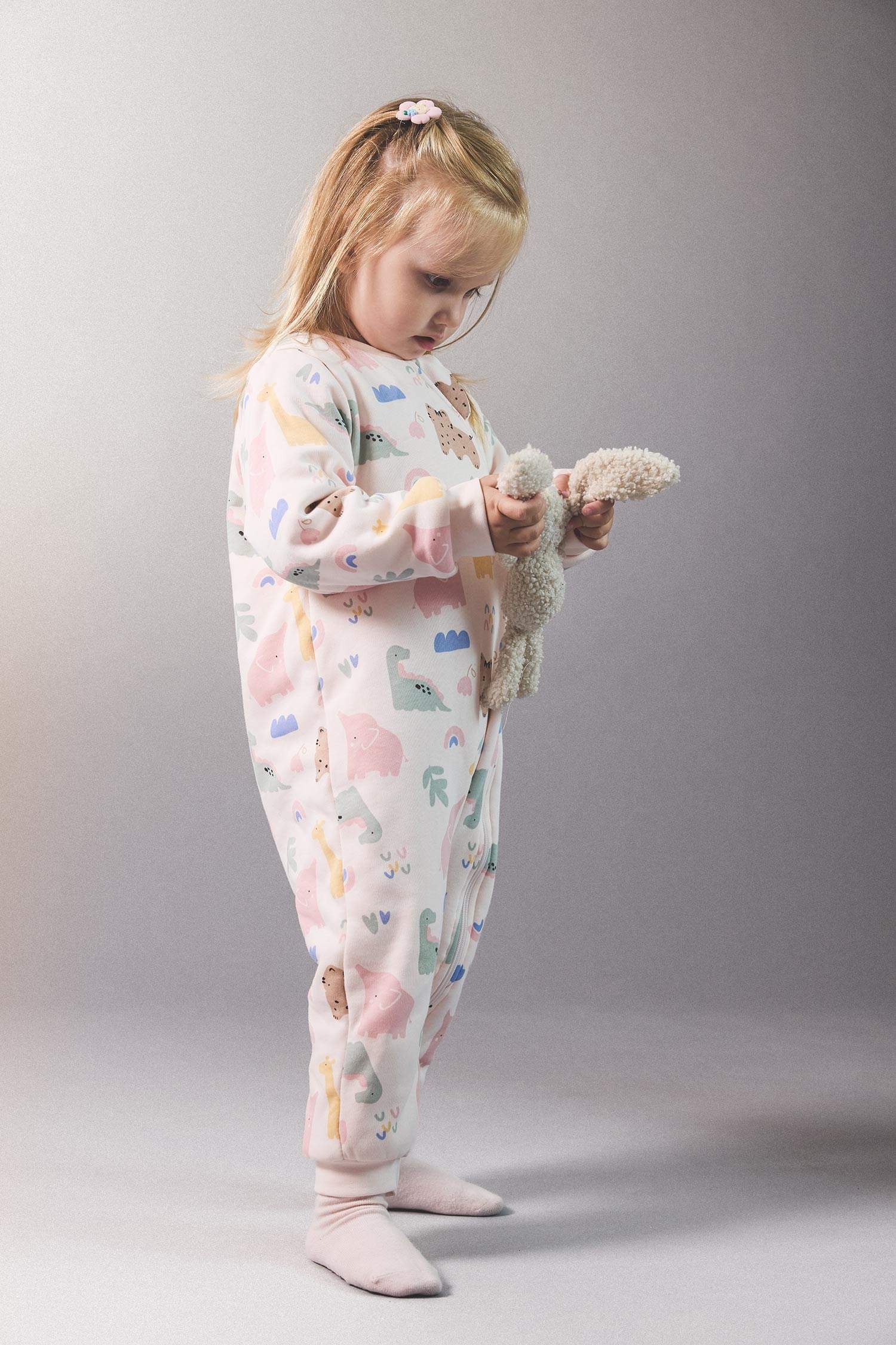 Kız Bebek 1 Tog Elyaf Dinozor Baskılı Uzun Kollu Fermuarlı Tulum