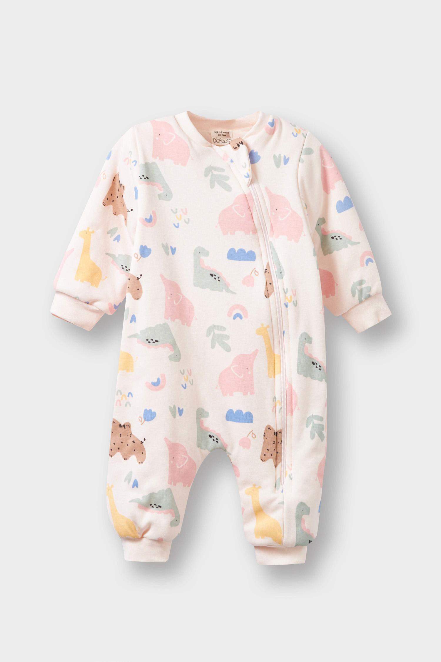 Kız Bebek 1 Tog Elyaf Dinozor Baskılı Uzun Kollu Fermuarlı Tulum