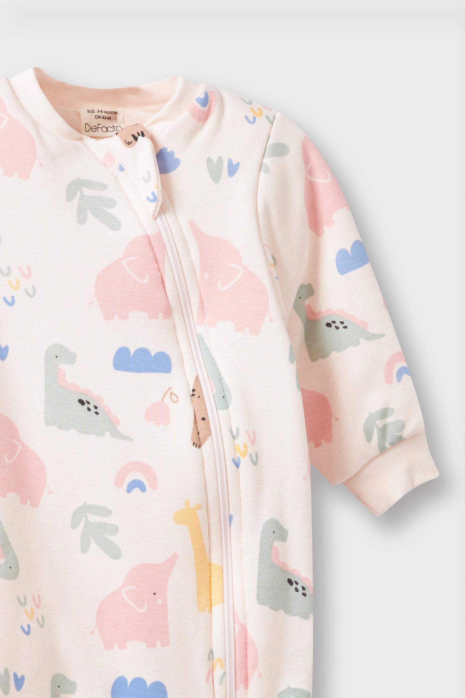 Kız Bebek 1 Tog Elyaf Dinozor Baskılı Uzun Kollu Fermuarlı Tulum