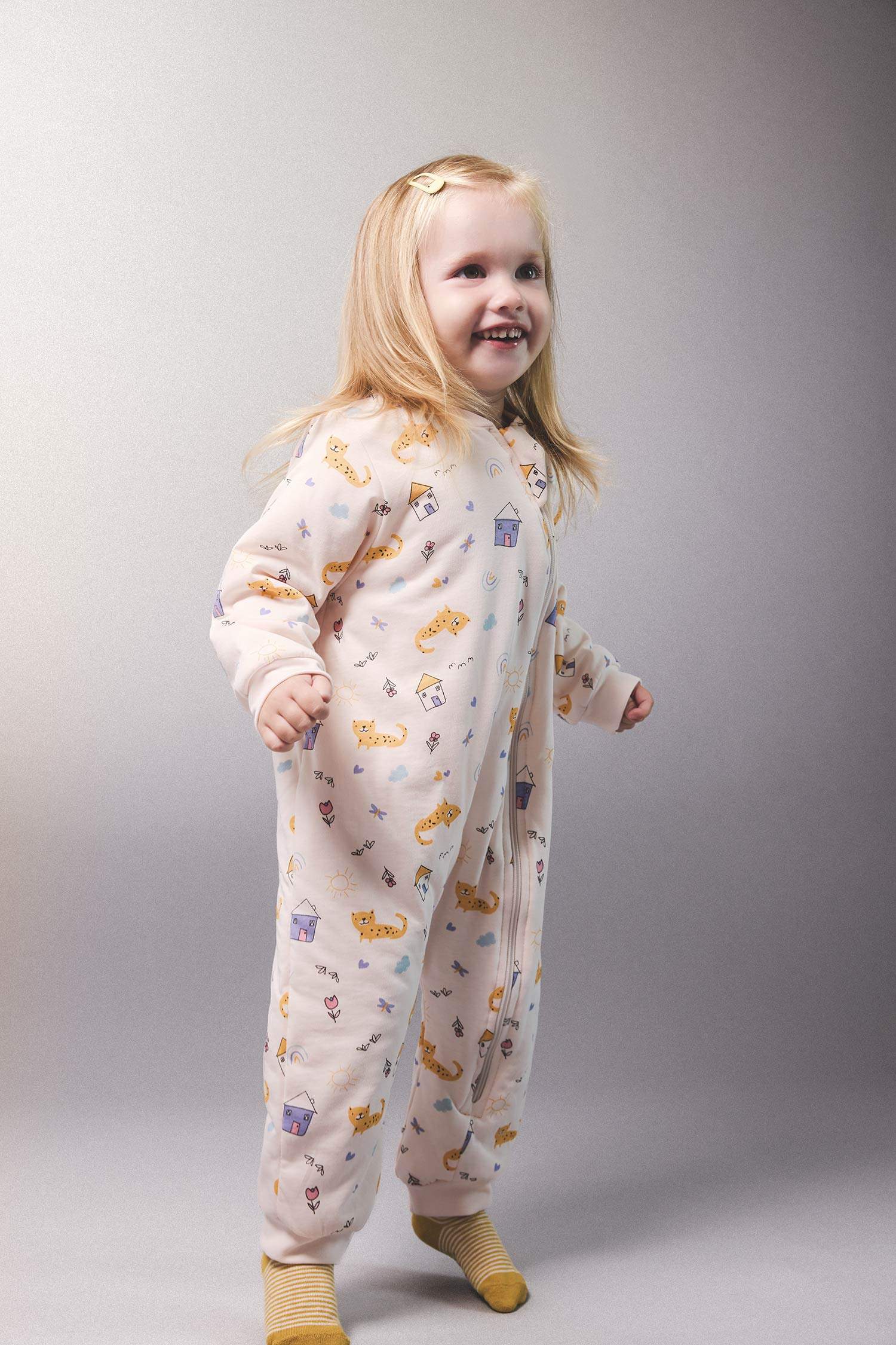 Kız Bebek Yenidoğan 1 Tog Elyaf Desenli Fermuarlı Penye Uzun Kollu Tulum