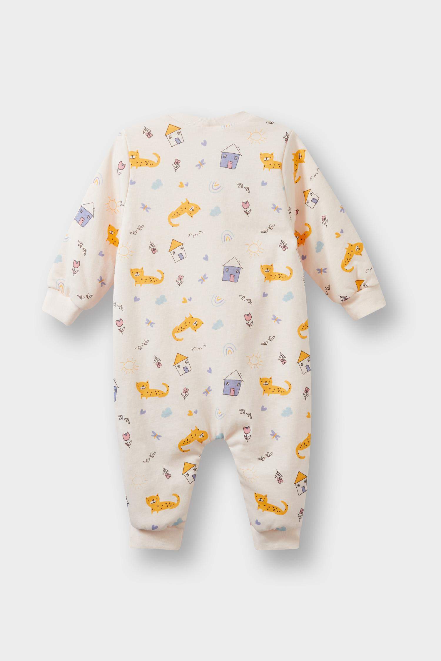 Kız Bebek Yenidoğan 1 Tog Elyaf Desenli Fermuarlı Penye Uzun Kollu Tulum