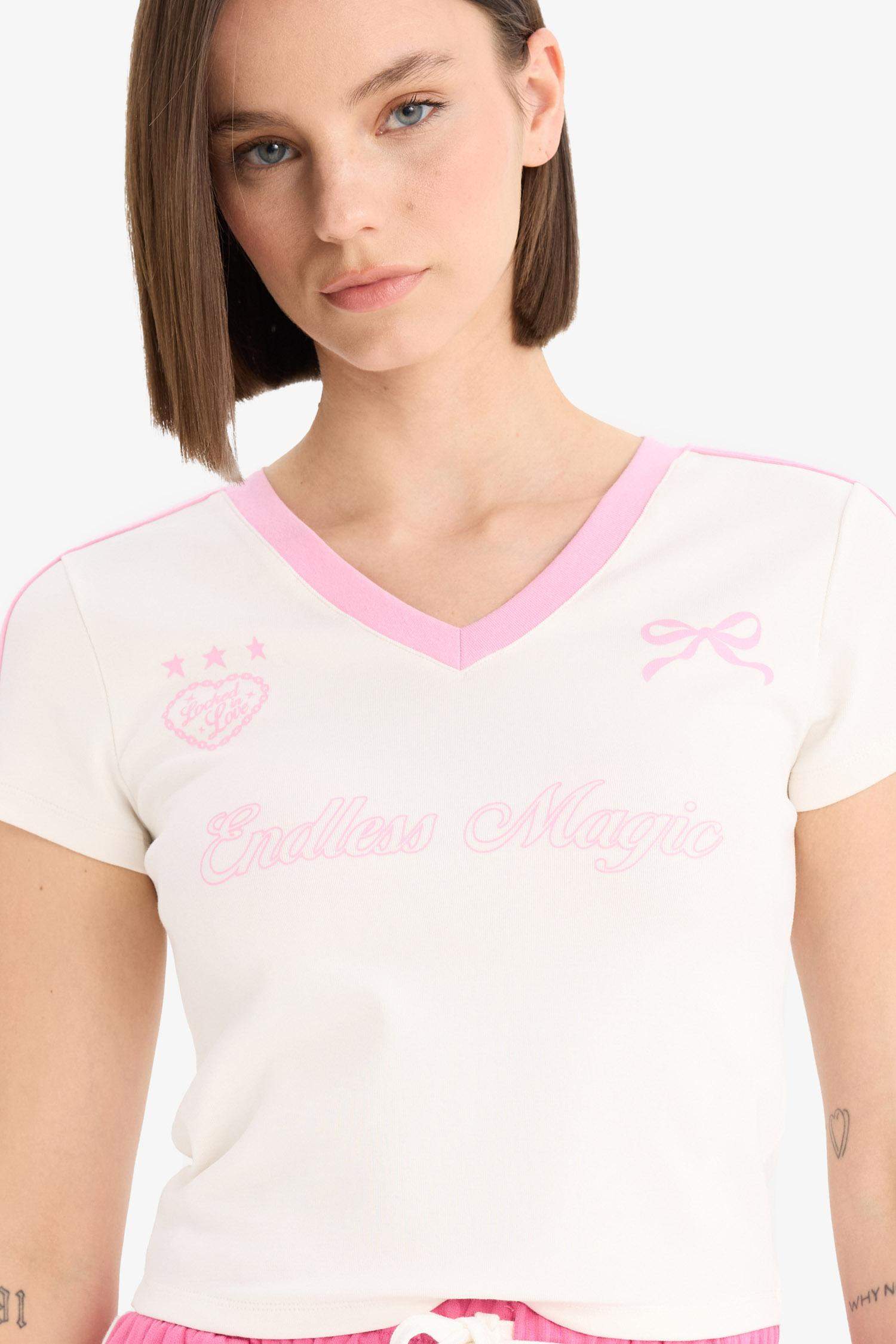 Fitted V Neck Printed Ribbed Short Sleeve T-Shirt