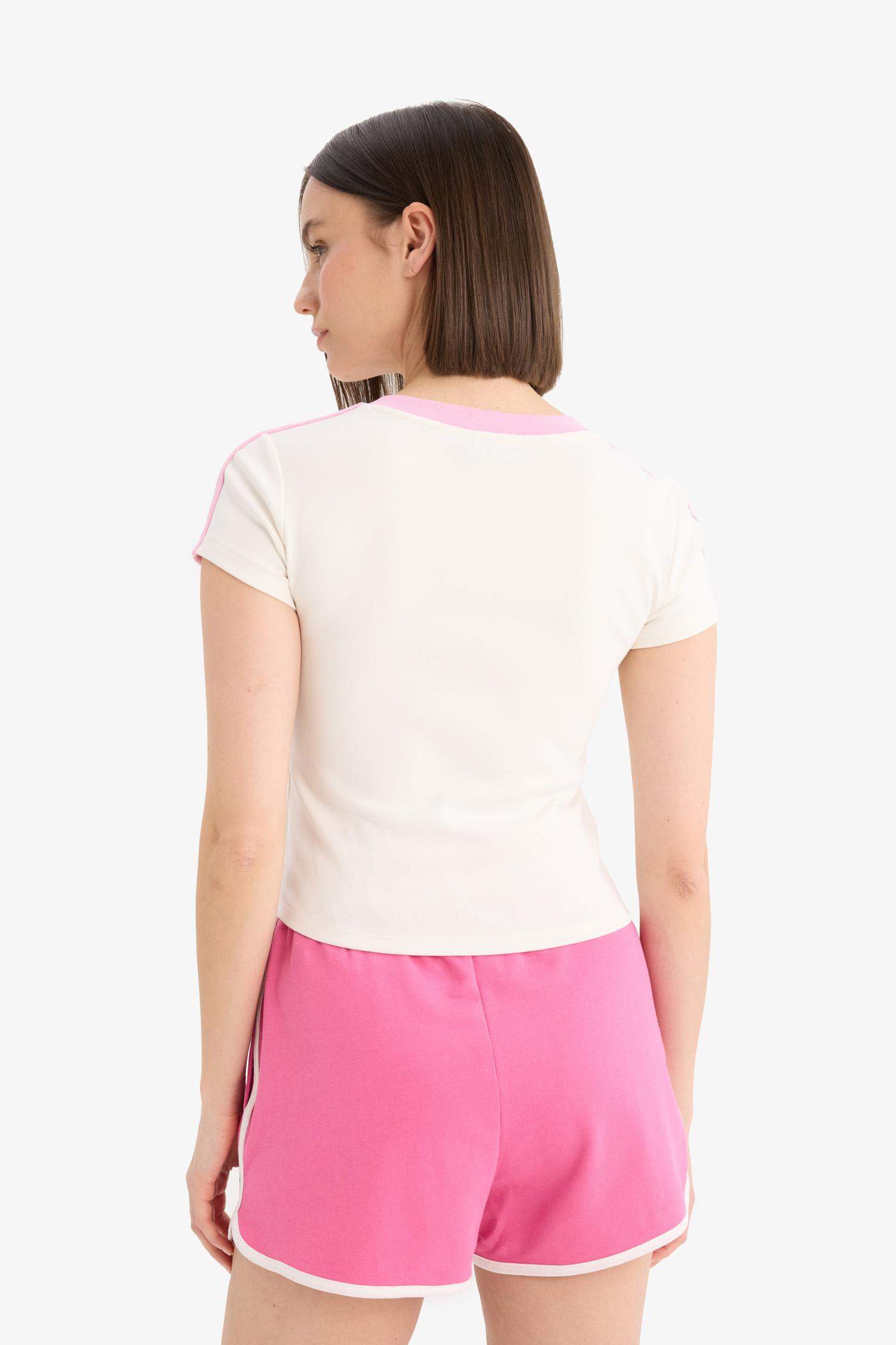 Fitted V Neck Printed Ribbed Short Sleeve T-Shirt