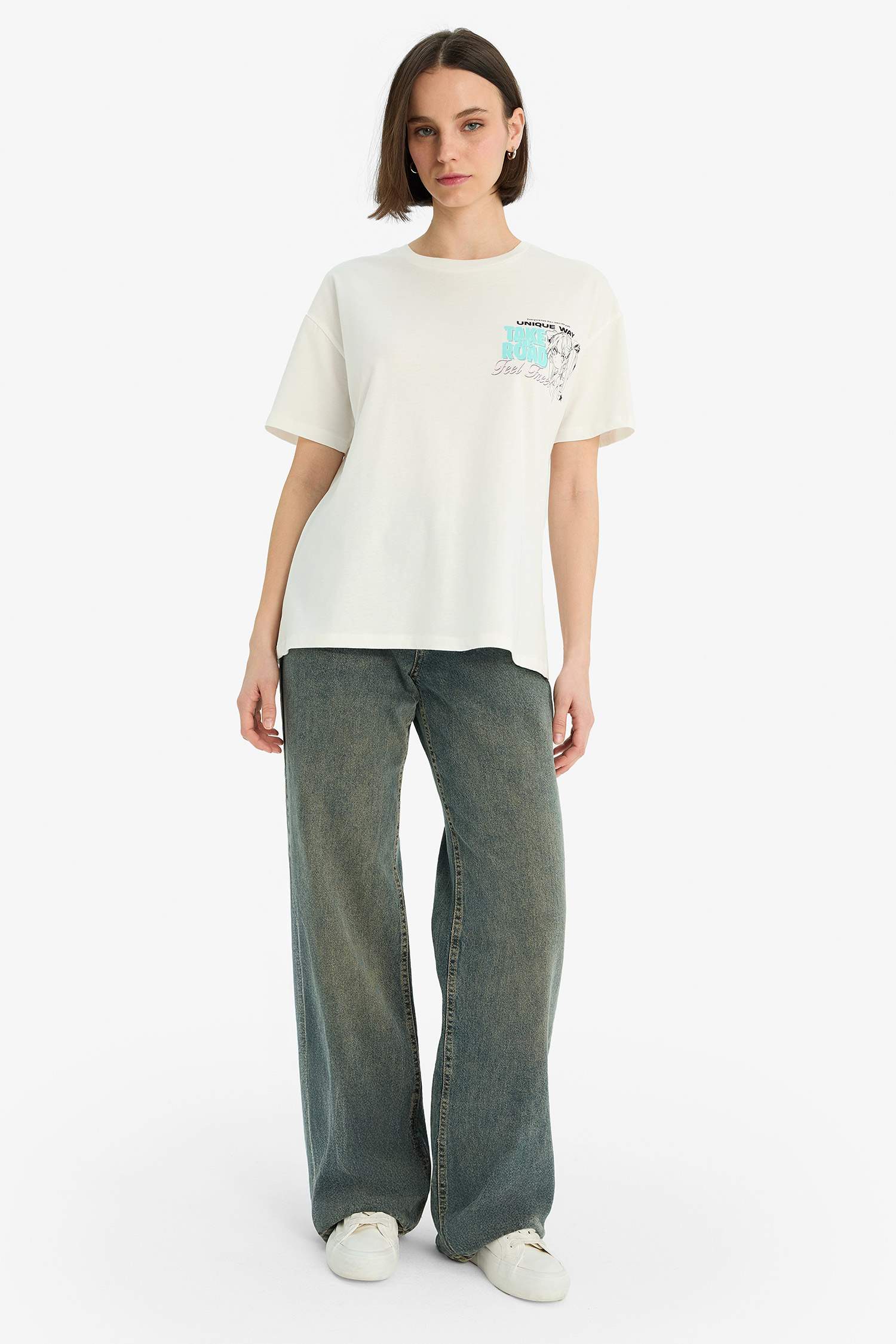 Coool Oversize Geniş Kalıp Bisiklet Yaka Baskılı Kısa Kollu Tişört