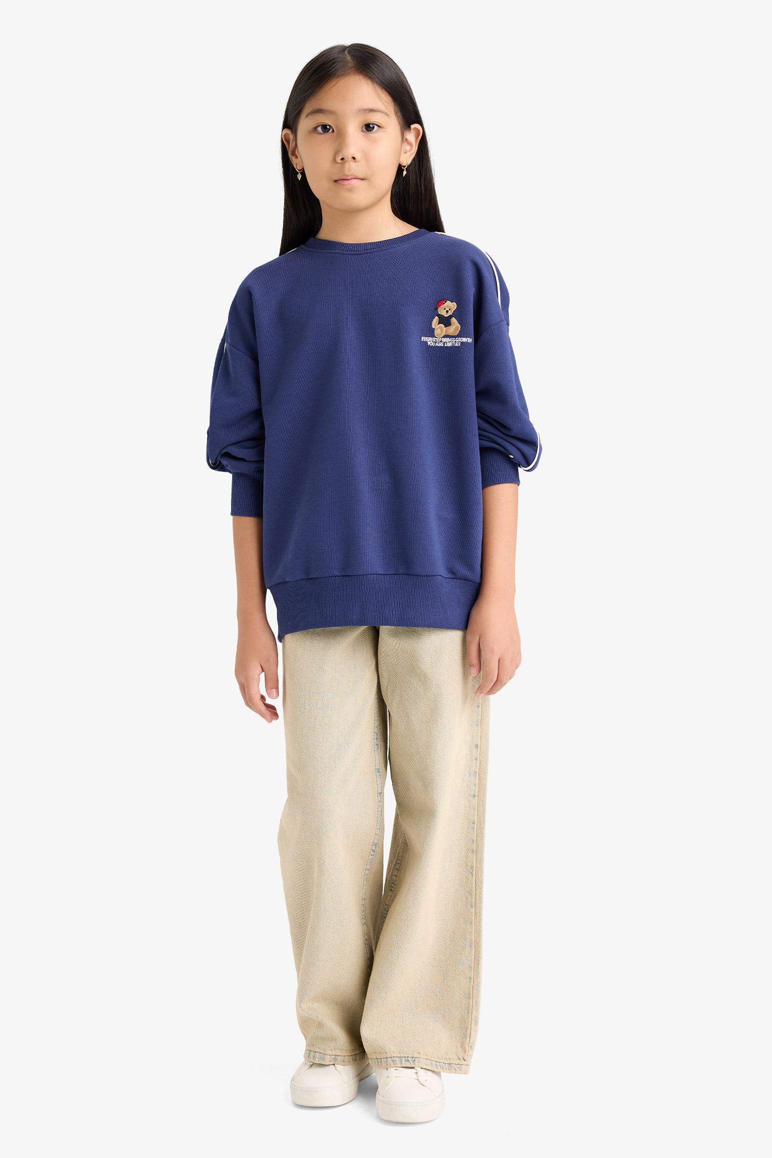 Kız Çocuk Oversize Geniş Kalıp Bisiklet Yaka Baskılı Sweatshirt