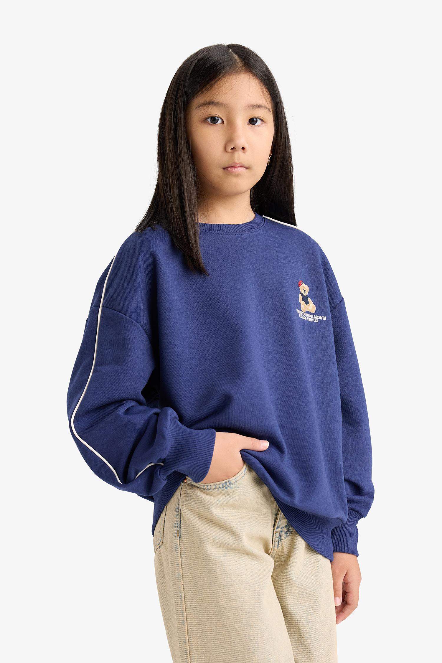 Kız Çocuk Oversize Geniş Kalıp Bisiklet Yaka Baskılı Sweatshirt