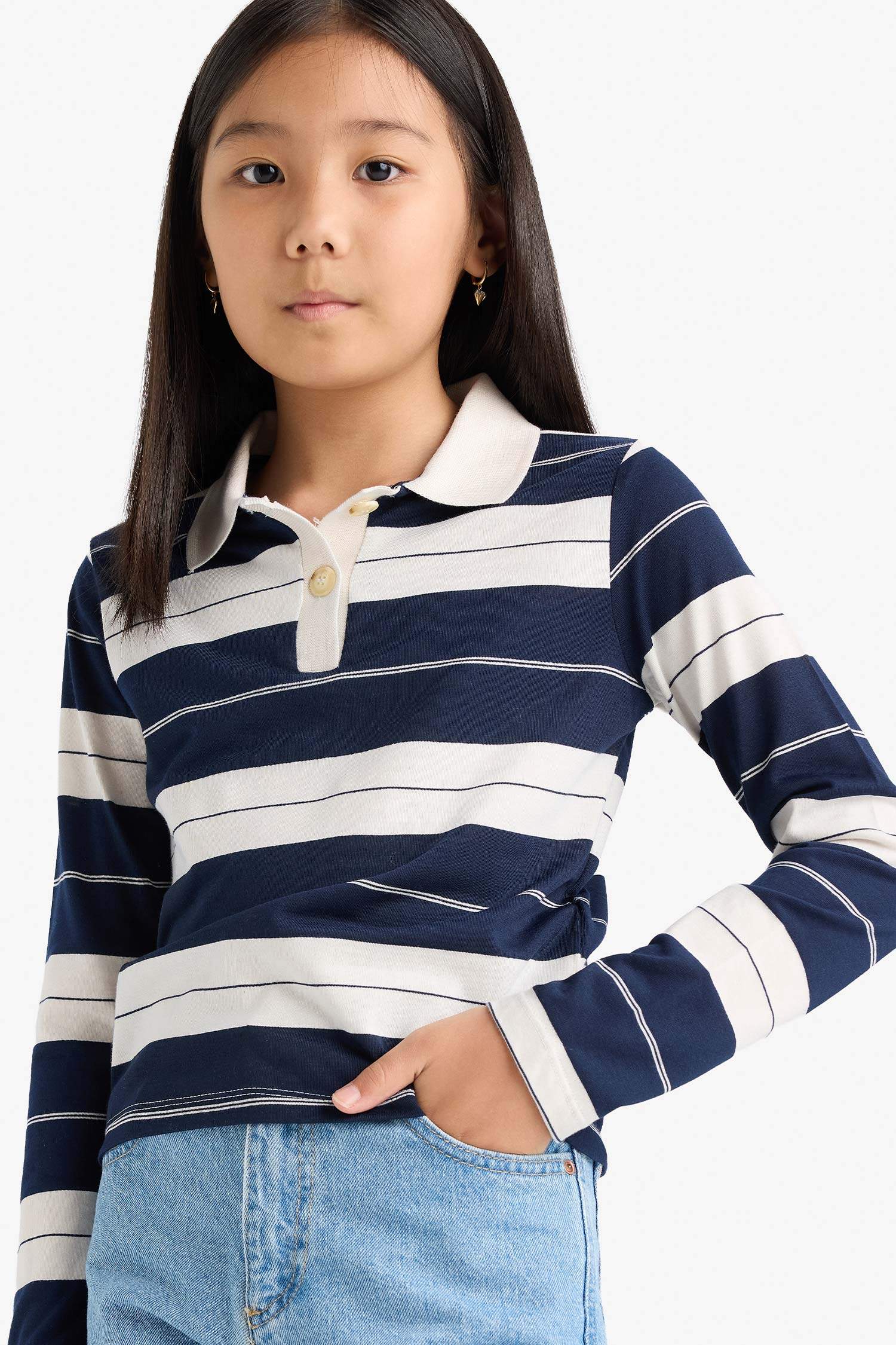 Girl Fitted Polo Neck Striped T-Shirt