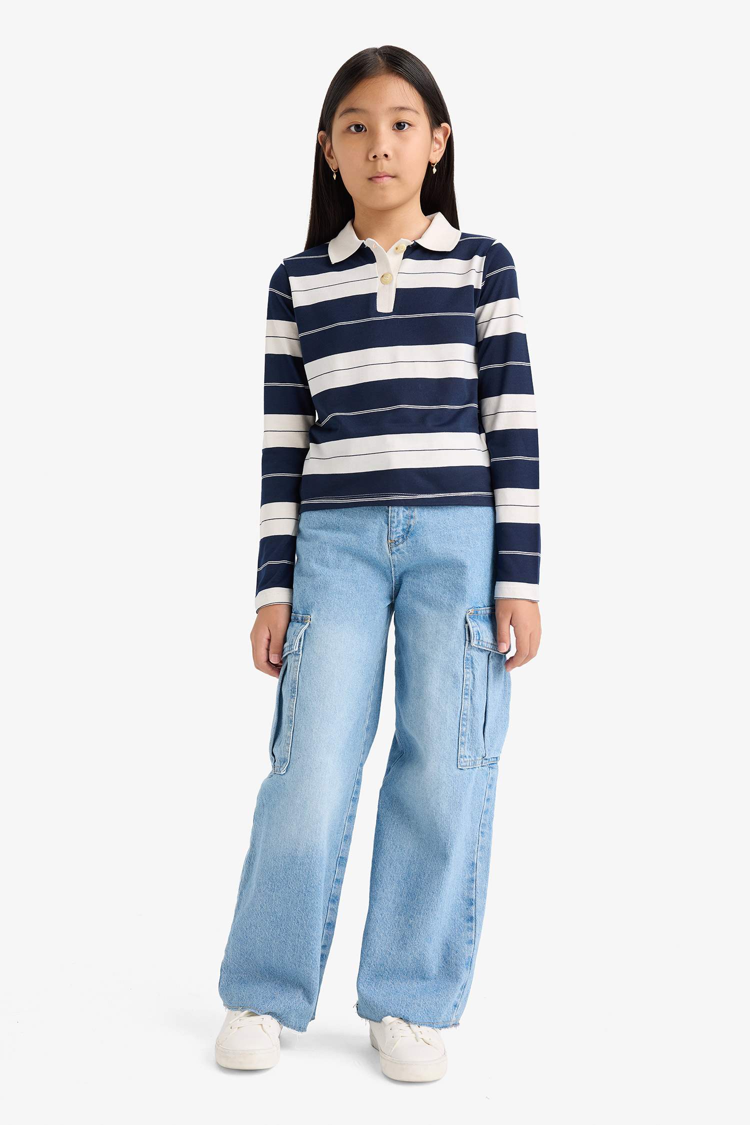 Girl Fitted Polo Neck Striped T-Shirt