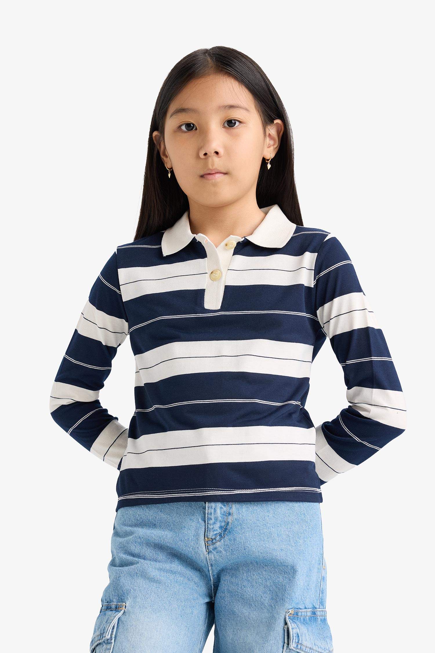 Girl Fitted Polo Neck Striped T-Shirt