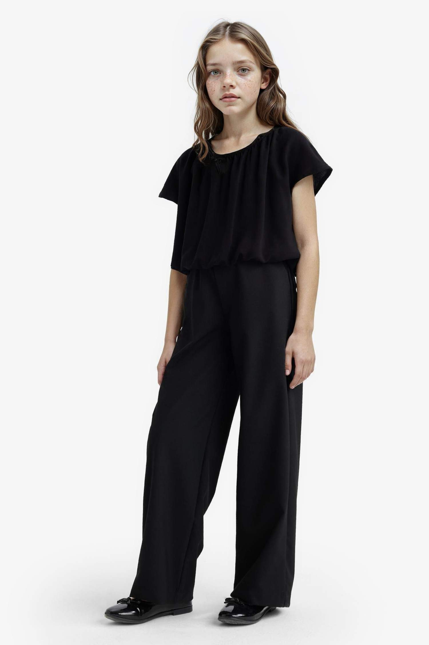 بنطلون بناتي وايد ليج برجل واسع أسود