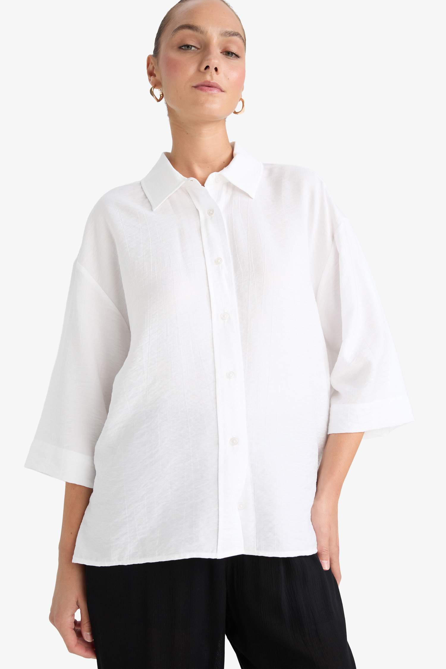 Oversize Fit Shirt Collar Crinkle Fabric Shirt