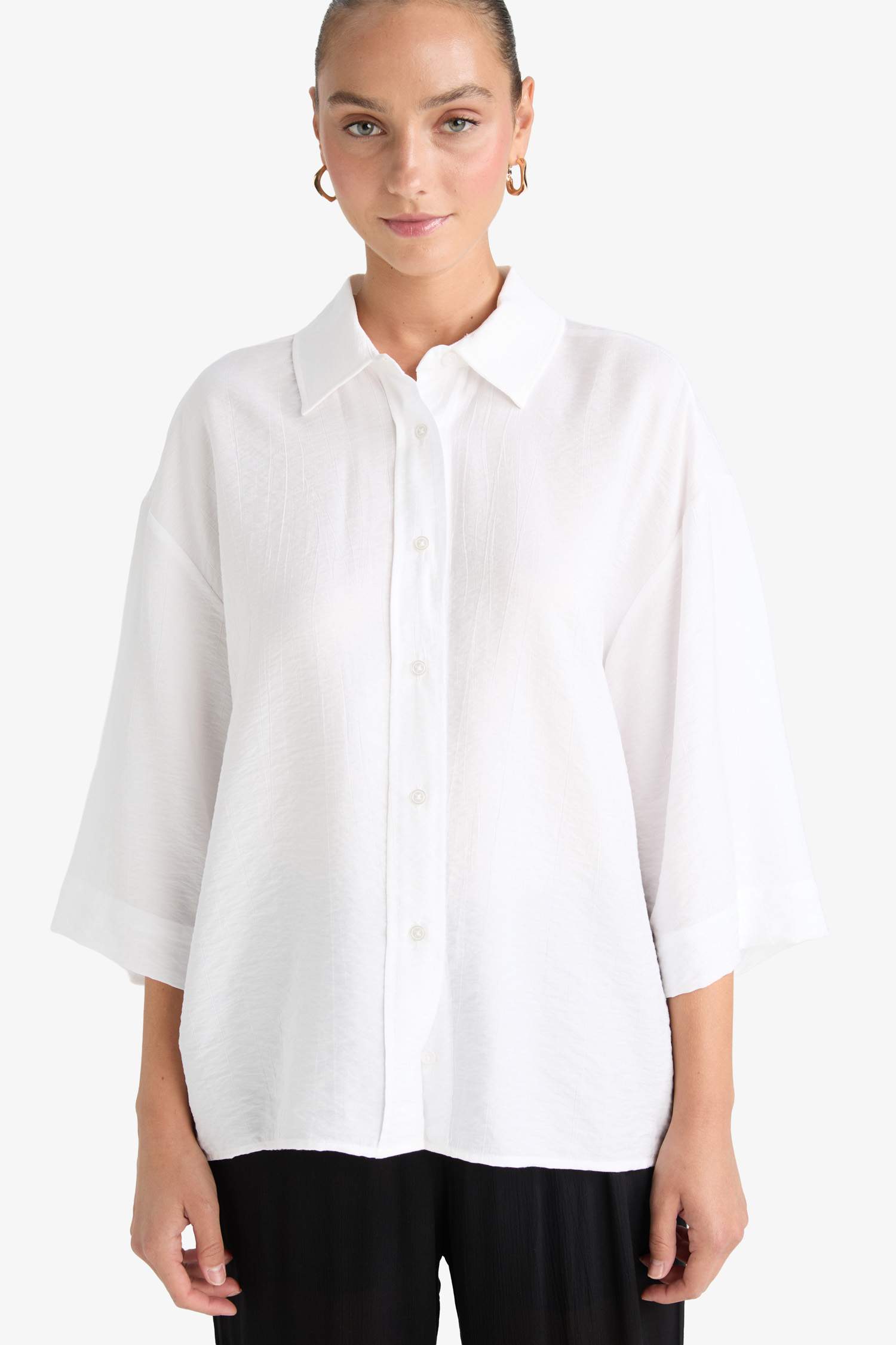 Oversize Fit Shirt Collar Crinkle Fabric Shirt