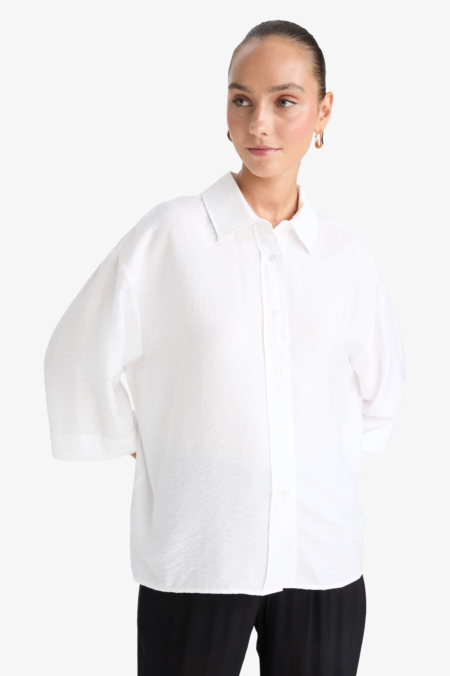 Oversize Fit Shirt Collar Crinkle Fabric Shirt