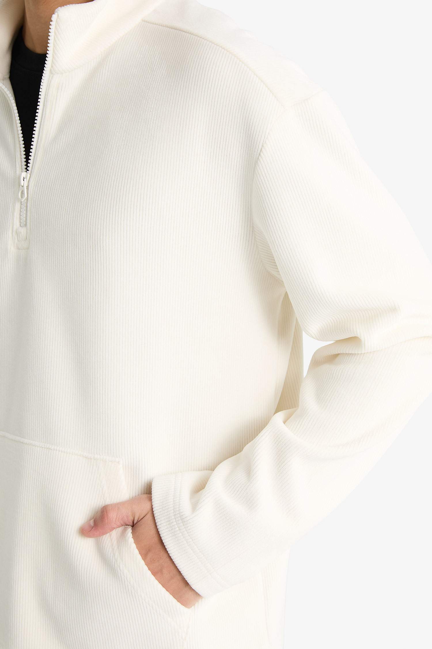 Regular Fit Dik Yaka Yarım Fermuarlı Kadife Sweatshirt