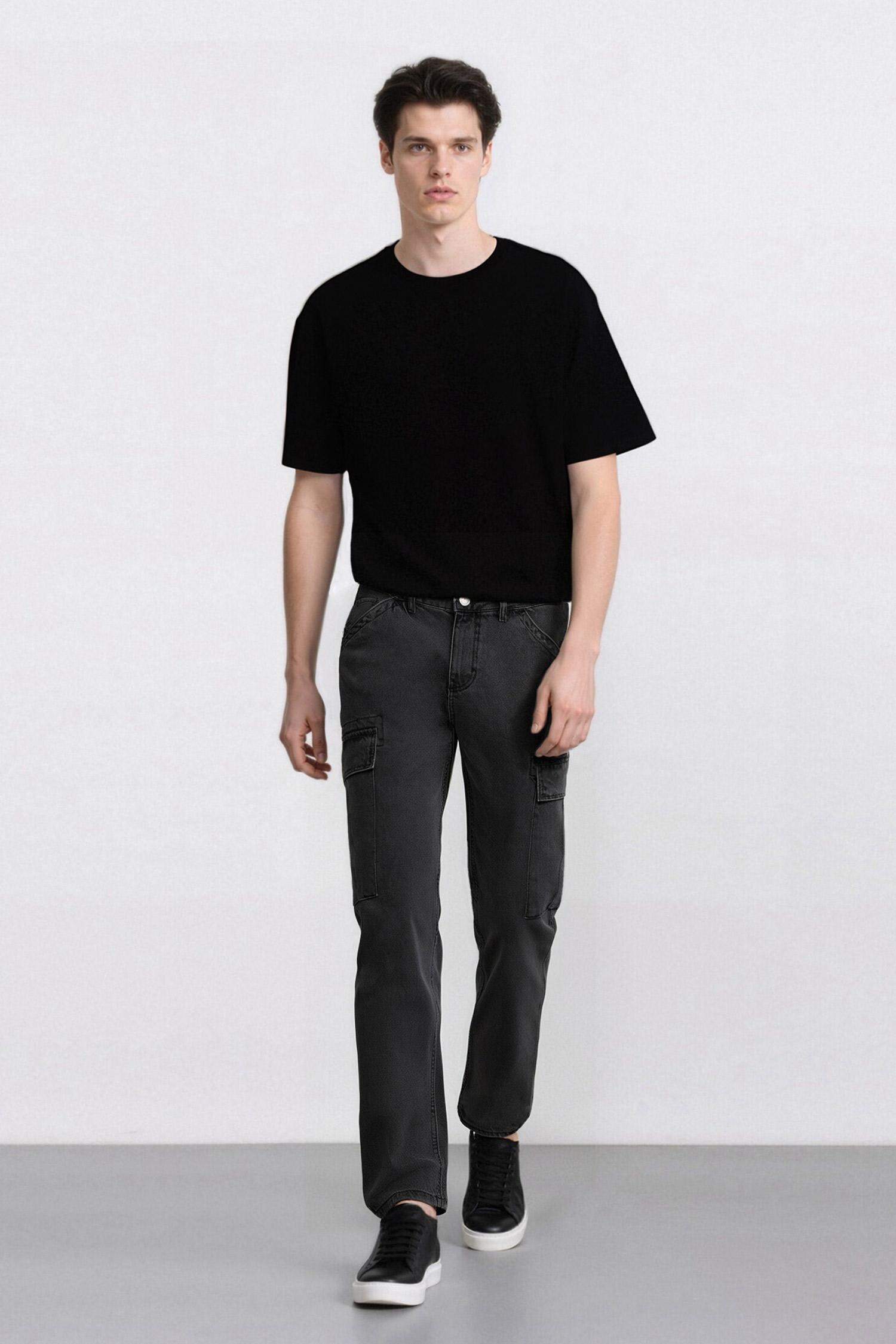 %100 Pamuk Relax Fit Rahat Kesim Düz Paça Kargo Cepli Jean Pantolon