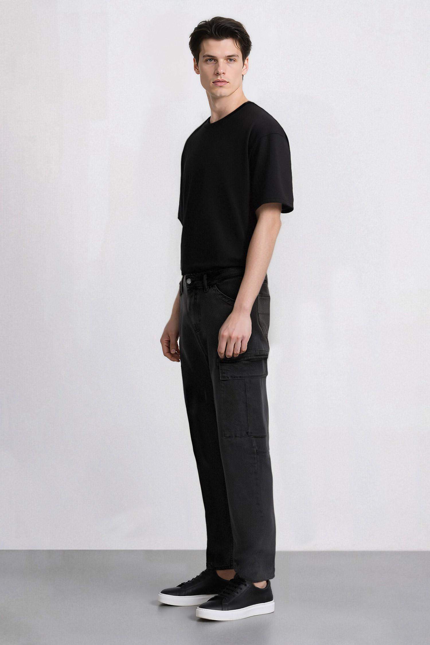 %100 Pamuk Relax Fit Rahat Kesim Düz Paça Kargo Cepli Jean Pantolon