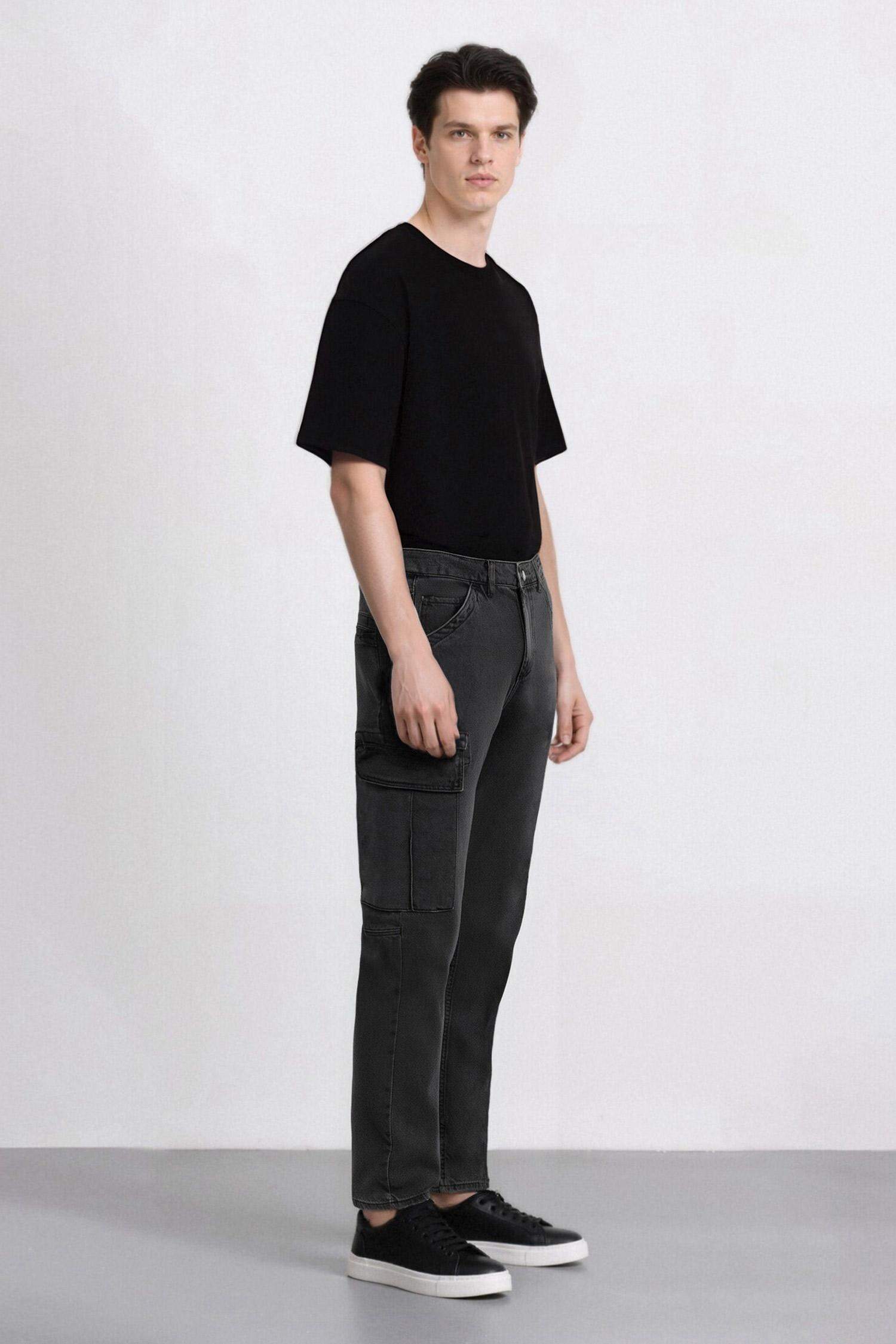 %100 Pamuk Relax Fit Rahat Kesim Düz Paça Kargo Cepli Jean Pantolon