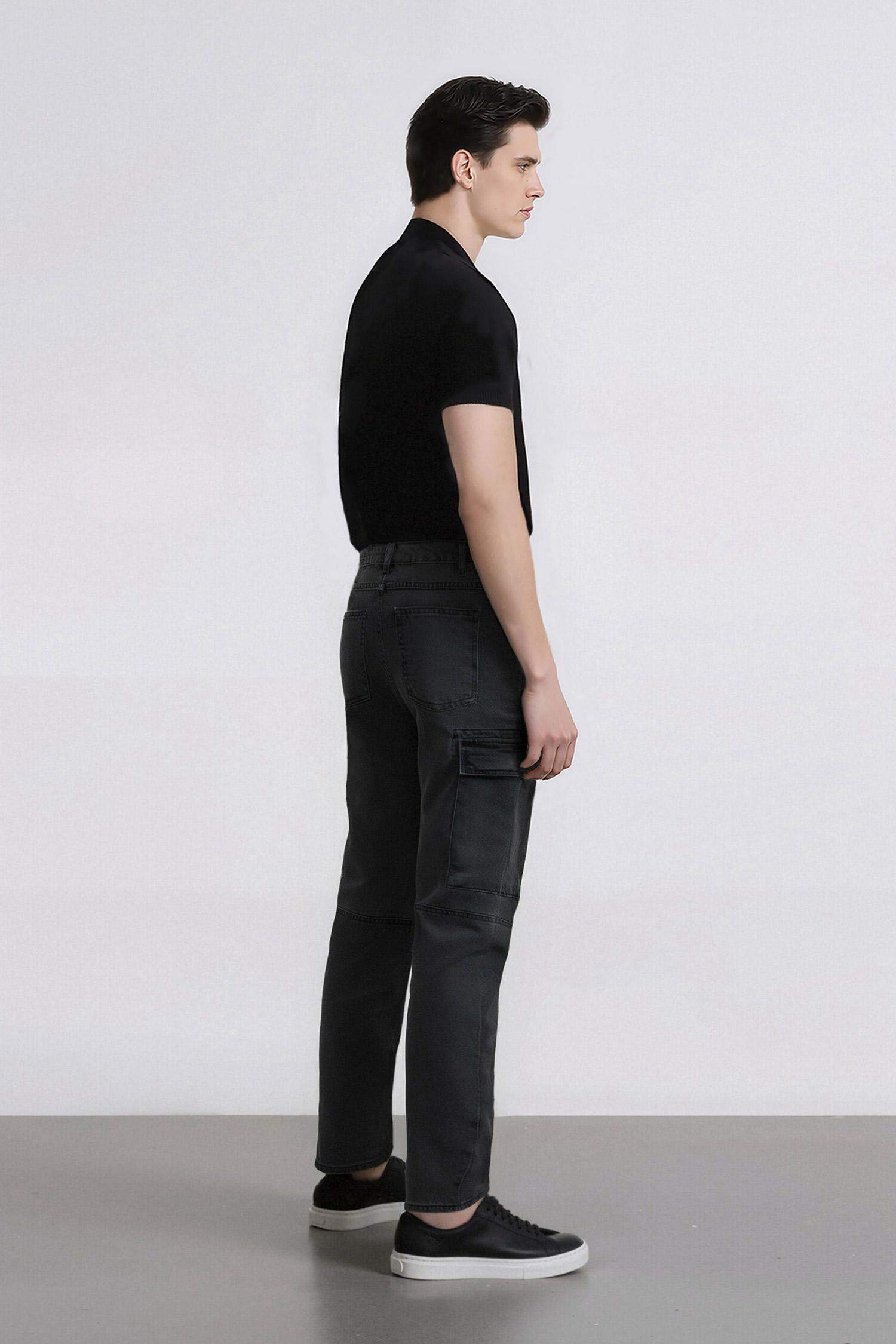 %100 Pamuk Relax Fit Rahat Kesim Düz Paça Kargo Cepli Jean Pantolon