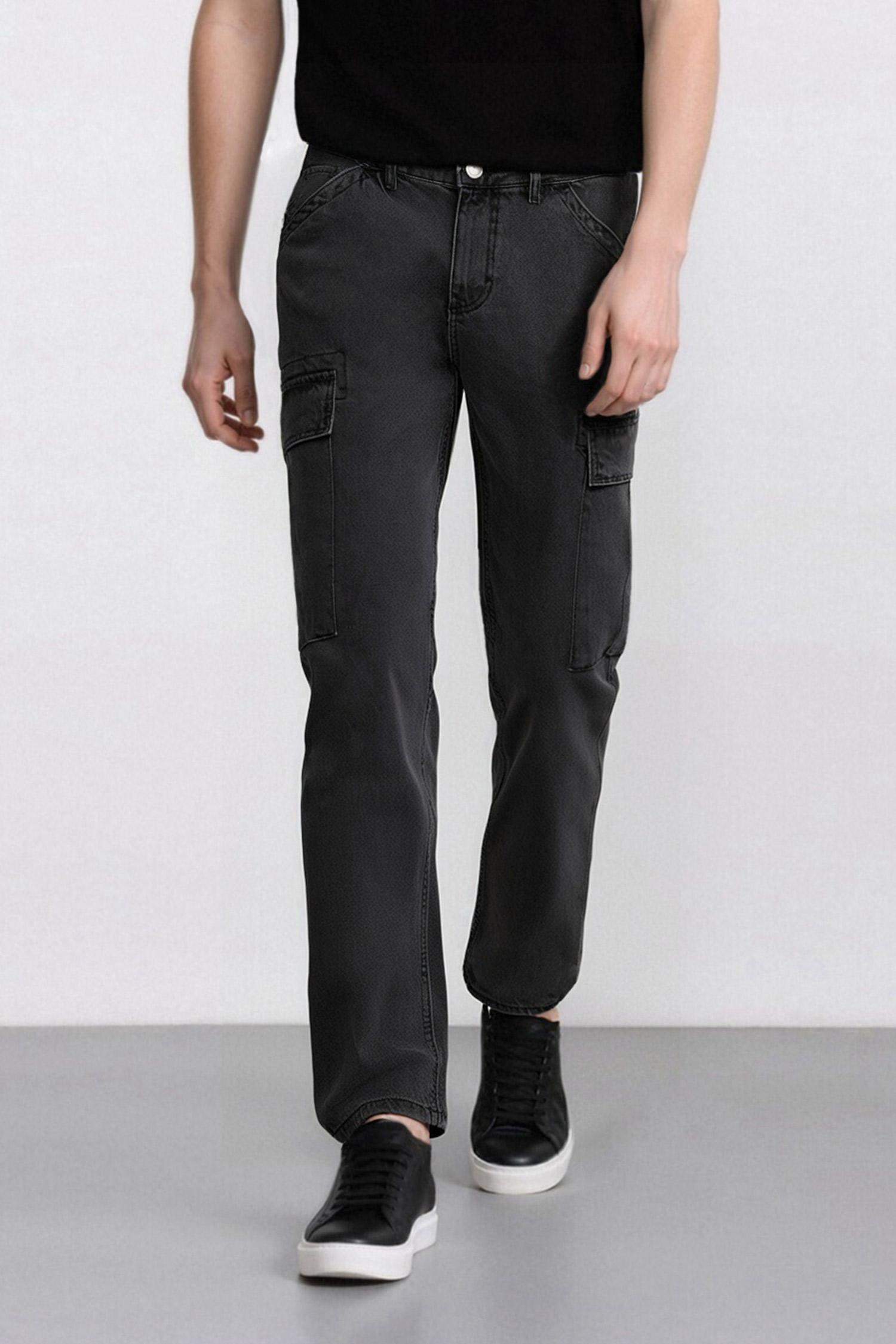 %100 Pamuk Relax Fit Rahat Kesim Düz Paça Kargo Cepli Jean Pantolon