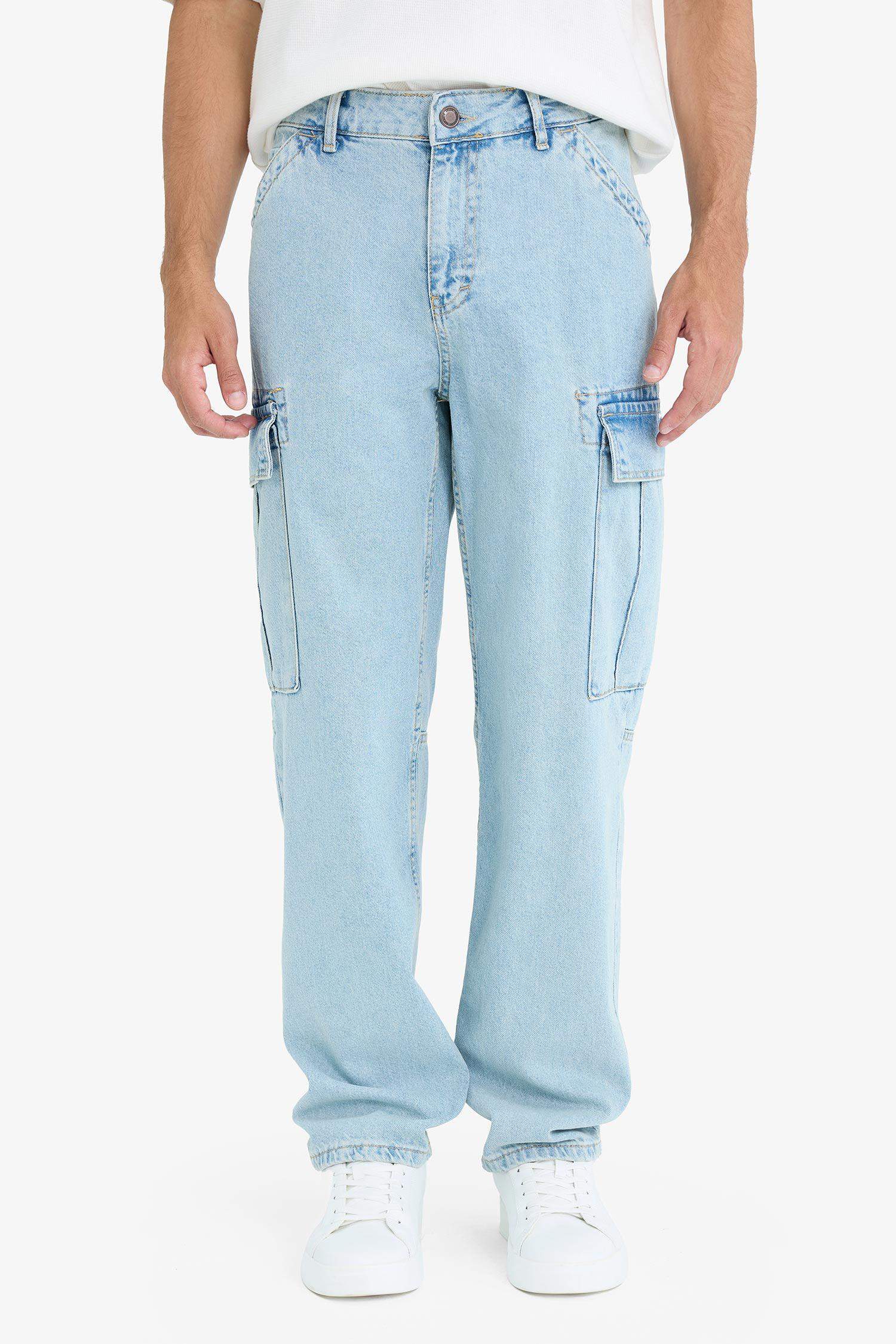 %100 Pamuk Relax Fit Rahat Kesim Düz Paça Kargo Cepli Jean Yıkamalı Pantolon