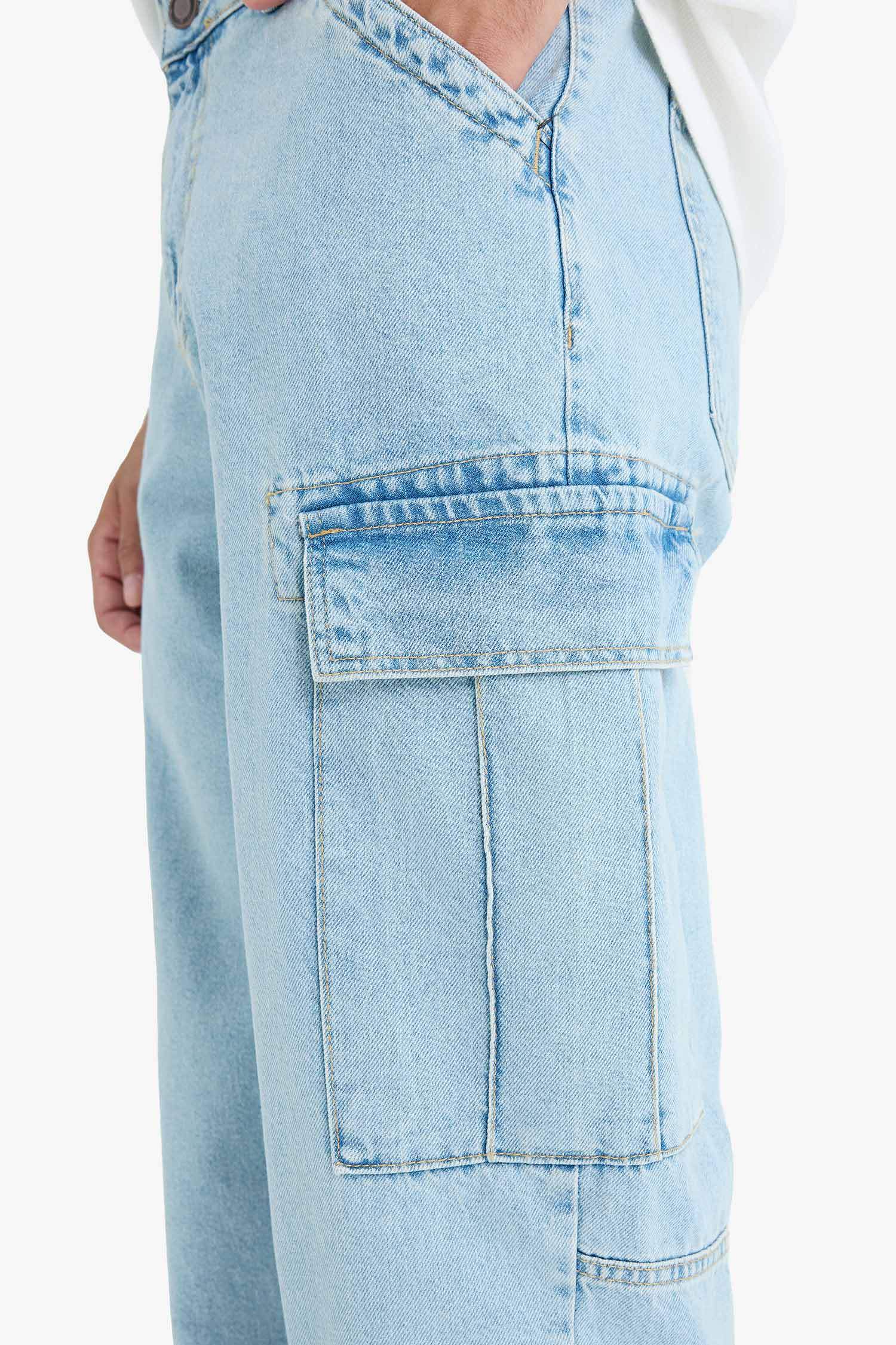 %100 Pamuk Relax Fit Rahat Kesim Düz Paça Kargo Cepli Jean Yıkamalı Pantolon