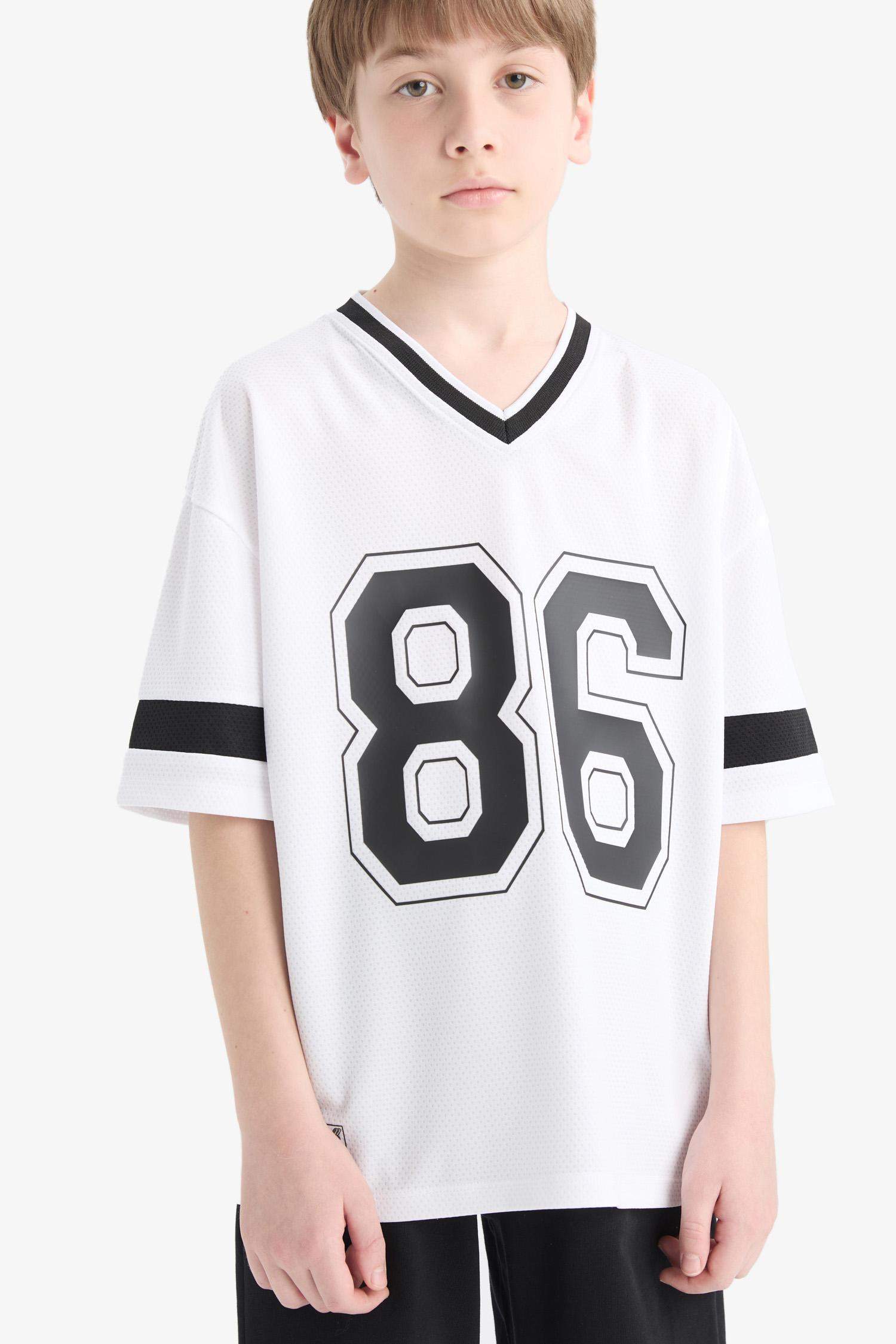 Футболка для мальчиков с коротким рукавом, оверсайз, с V-образным вырезом, с принтом, из тюля