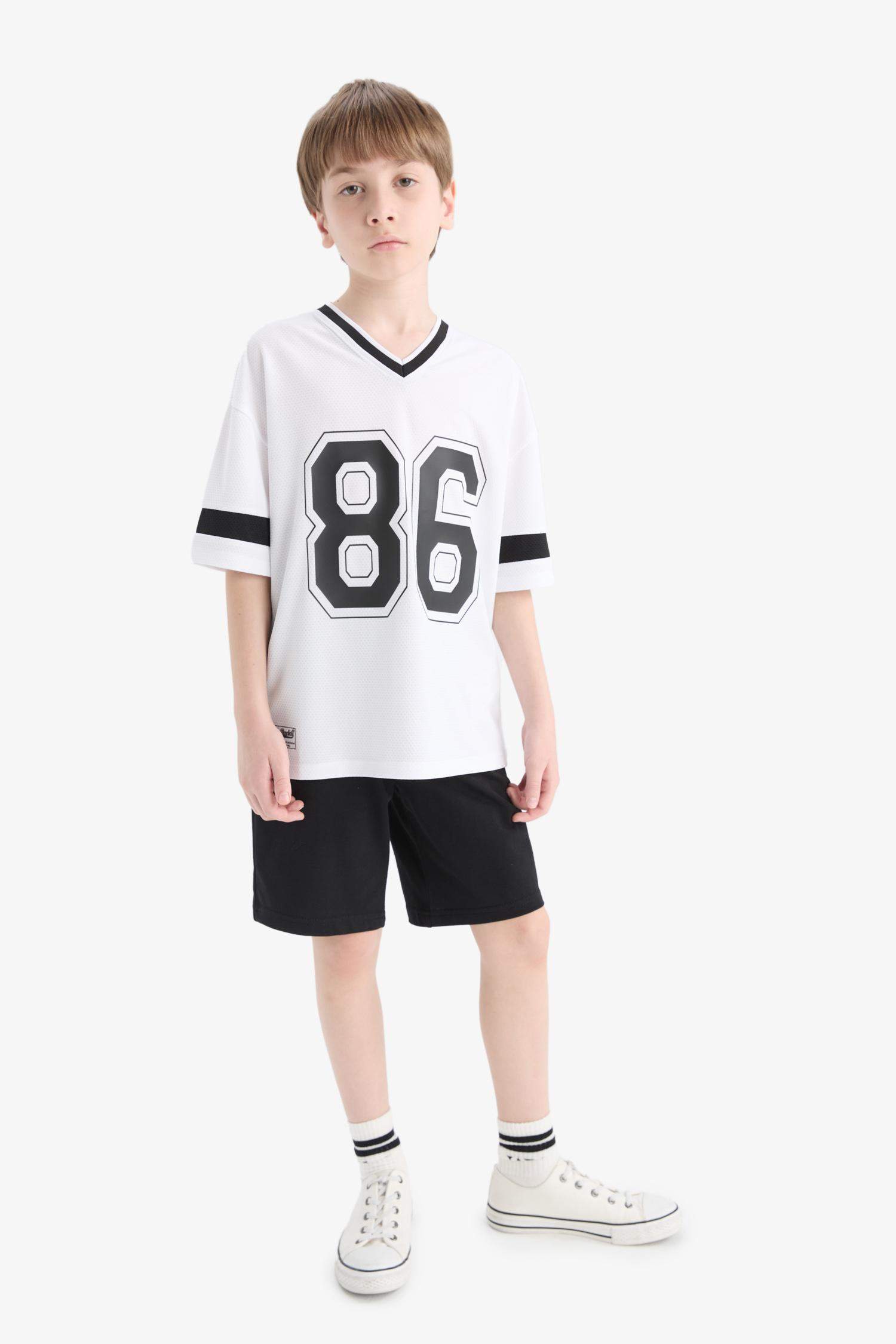 Футболка для мальчиков с коротким рукавом, оверсайз, с V-образным вырезом, с принтом, из тюля