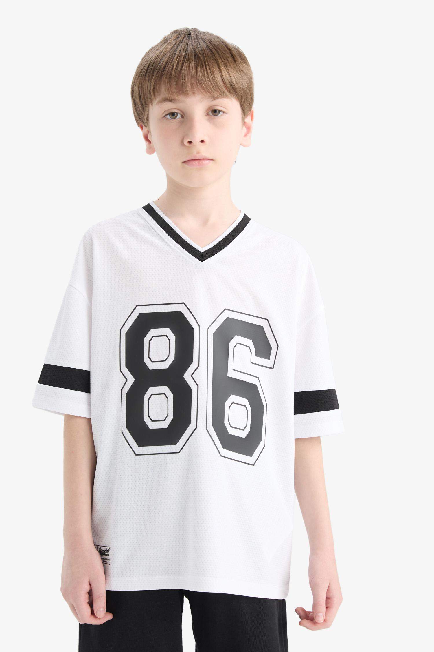 Футболка для мальчиков с коротким рукавом, оверсайз, с V-образным вырезом, с принтом, из тюля