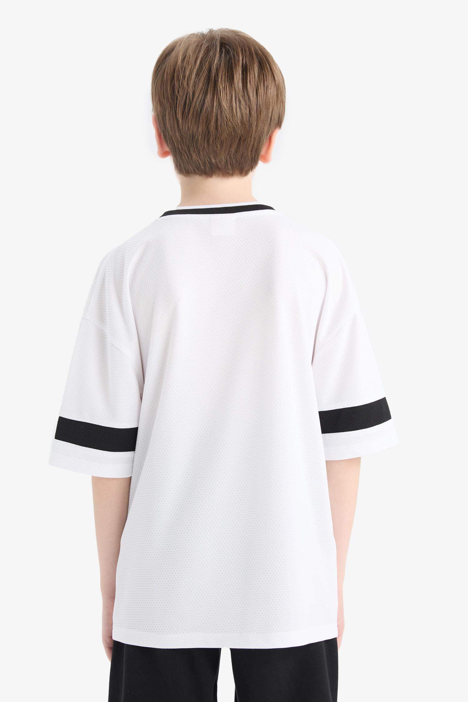 Футболка для мальчиков с коротким рукавом, оверсайз, с V-образным вырезом, с принтом, из тюля