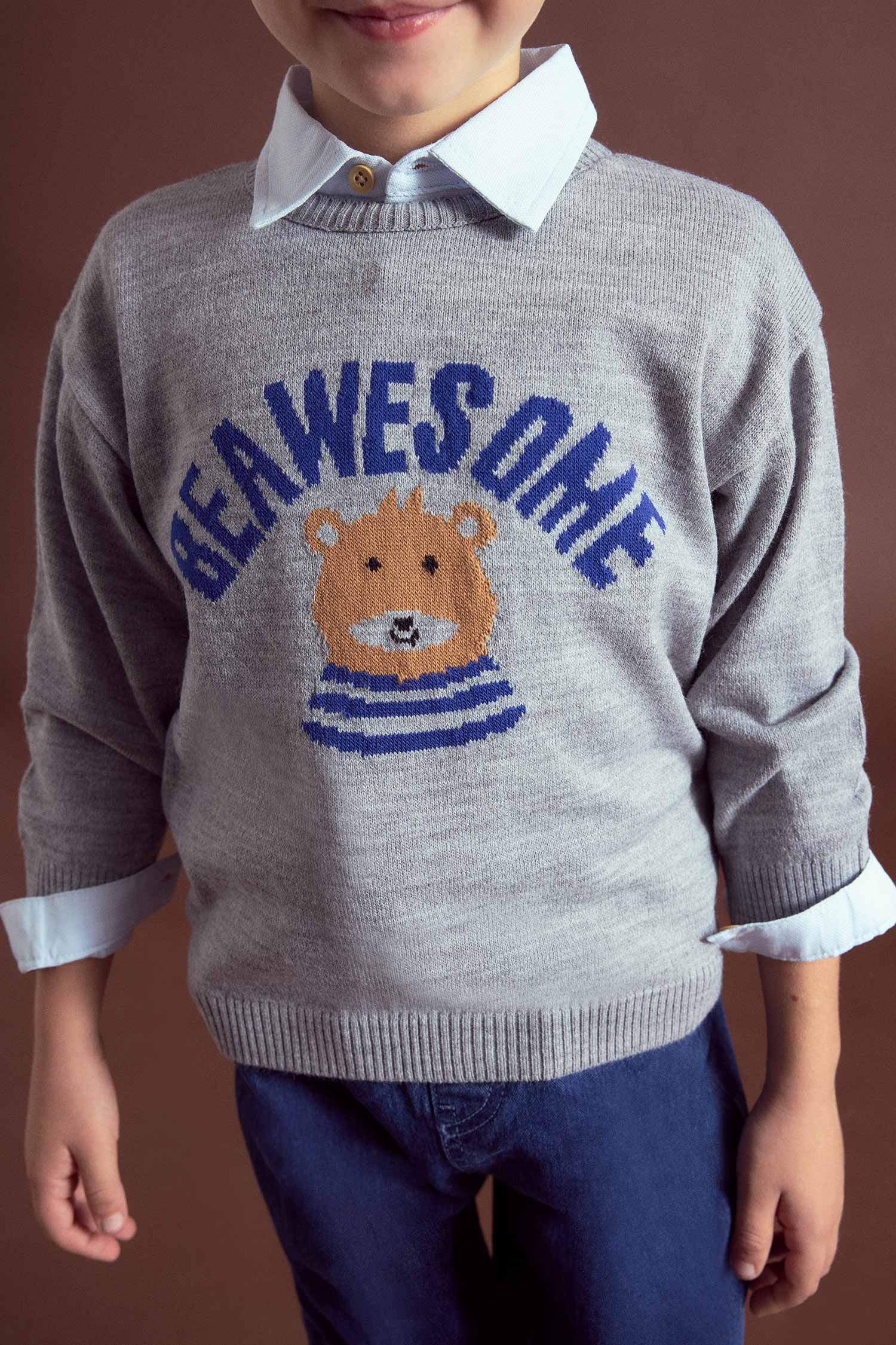 Erkek Bebek Bisiklet Yaka Ayı Baskılı Triko Kazak