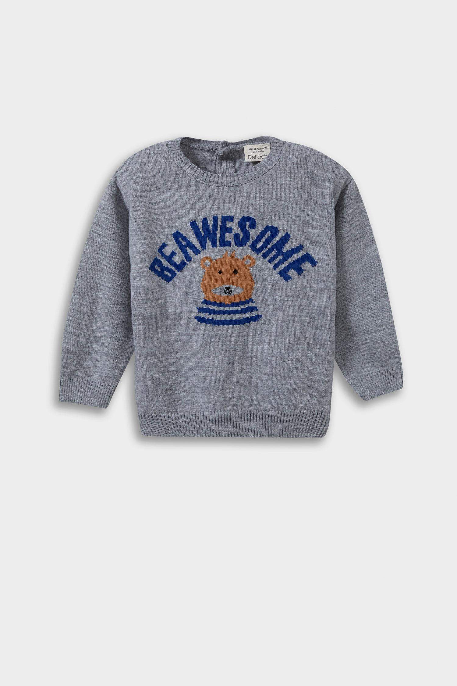 Erkek Bebek Bisiklet Yaka Ayı Baskılı Triko Kazak