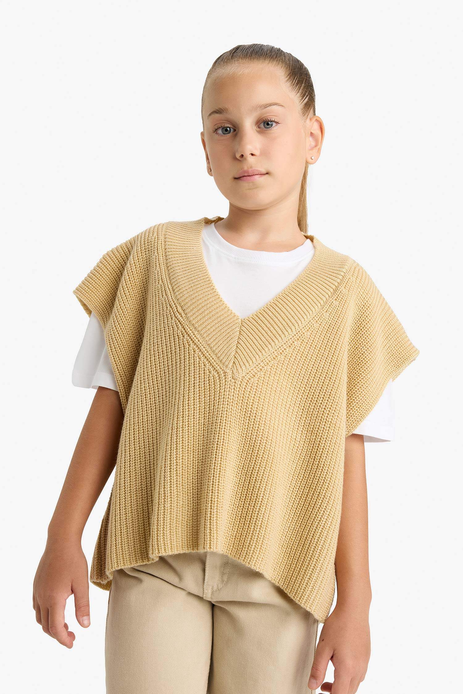 Kız Çocuk Oversize Geniş Kalıp V Yaka Triko Süveter 