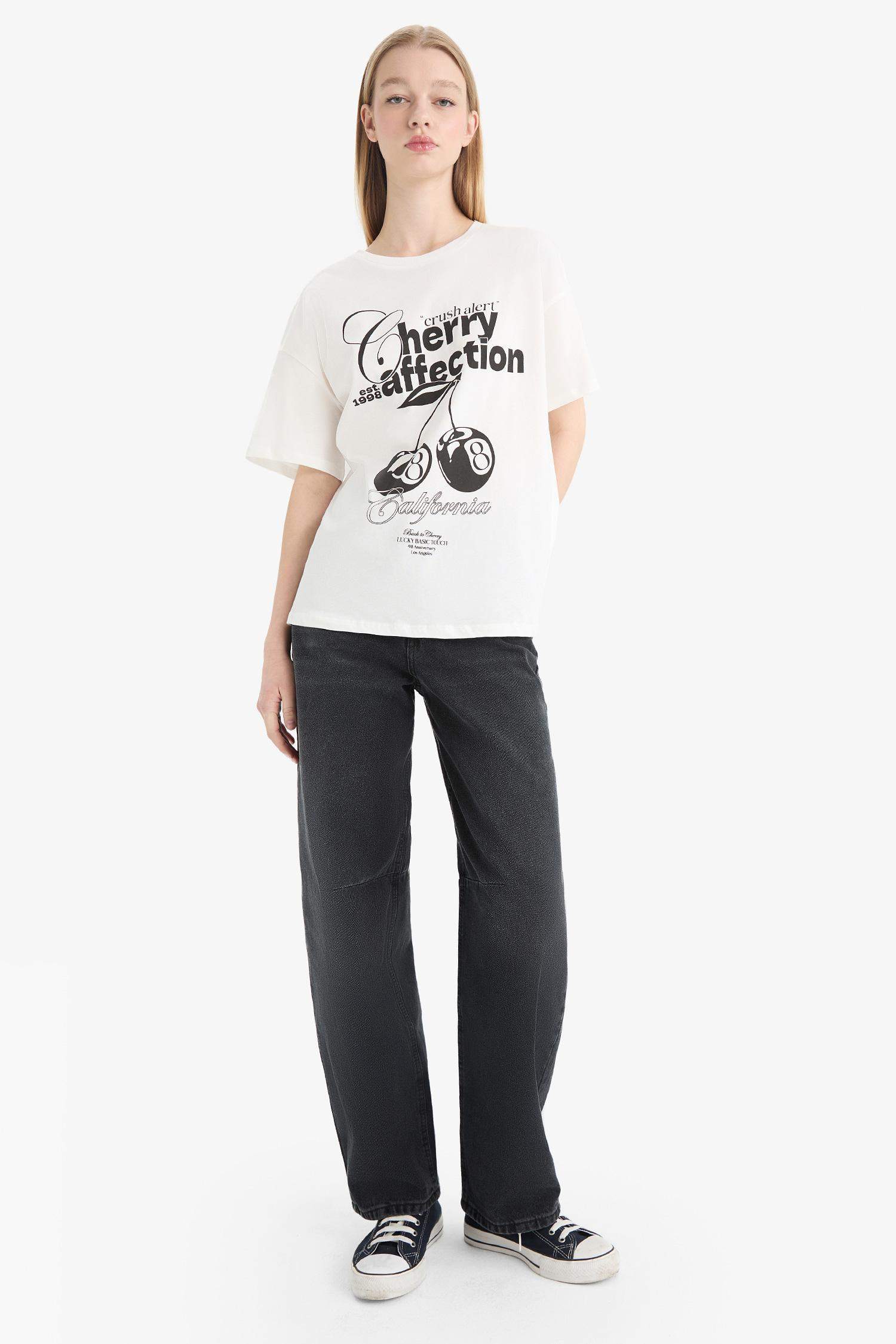 Coool Oversize Geniş Kalıp Bisiklet Yaka Baskılı Kısa Kollu Tişört