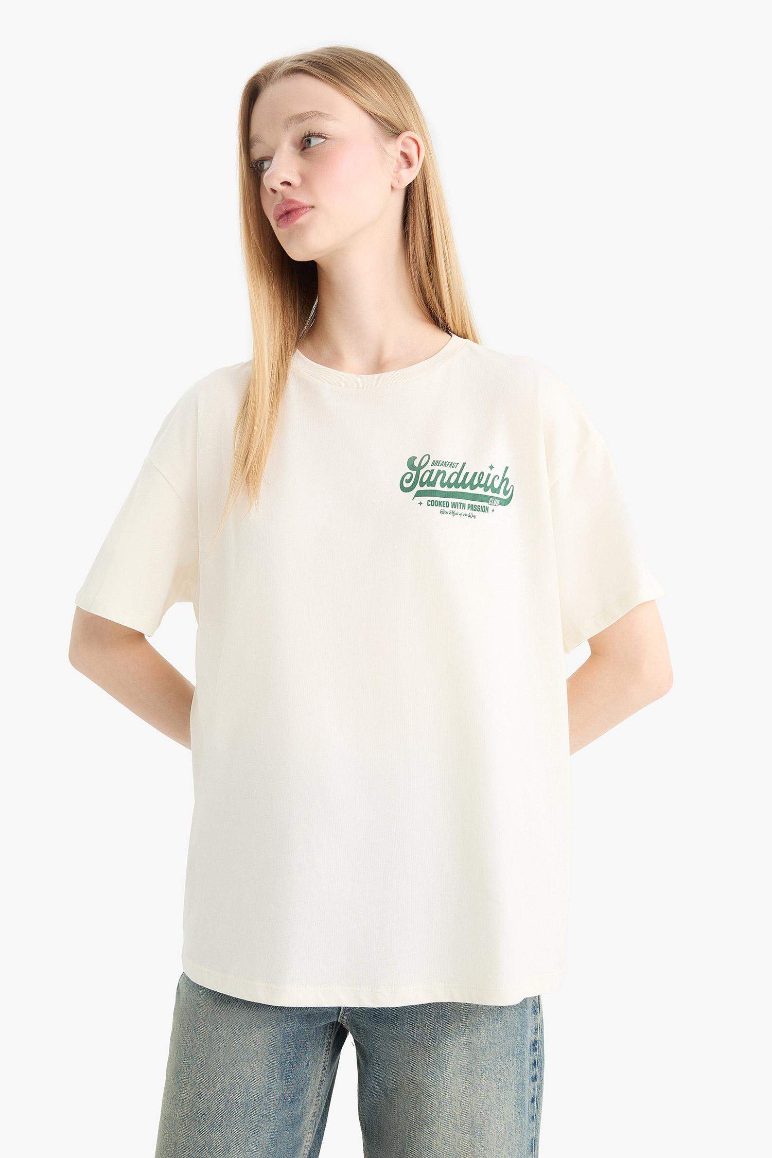 Oversize Geniş Kalıp Bisiklet Yaka Sırt Baskılı Kısa Kollu Tişört