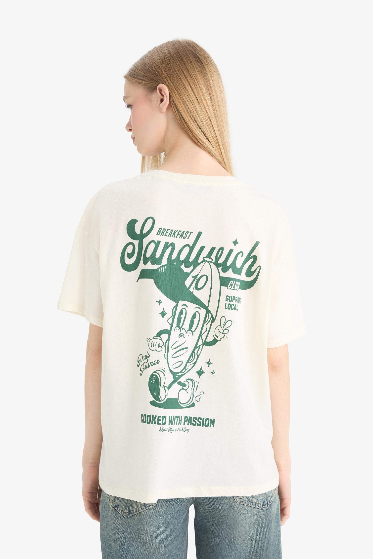 Oversize Geniş Kalıp Bisiklet Yaka Sırt Baskılı Kısa Kollu Tişört