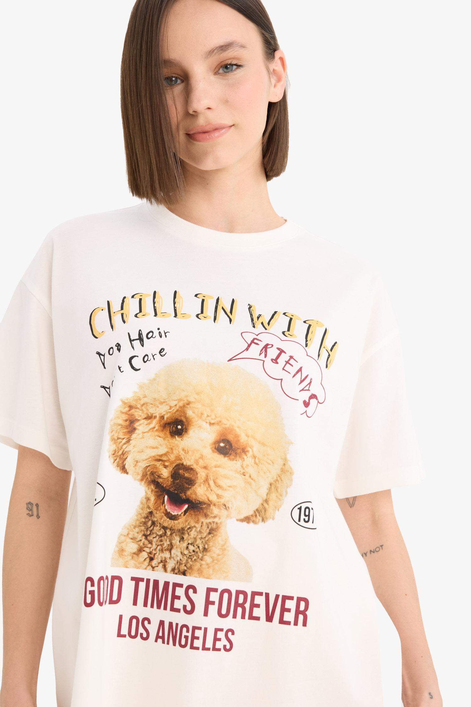 Coool Oversize Geniş Kalıp Bisiklet Yaka Baskılı Kısa Kollu Tişört