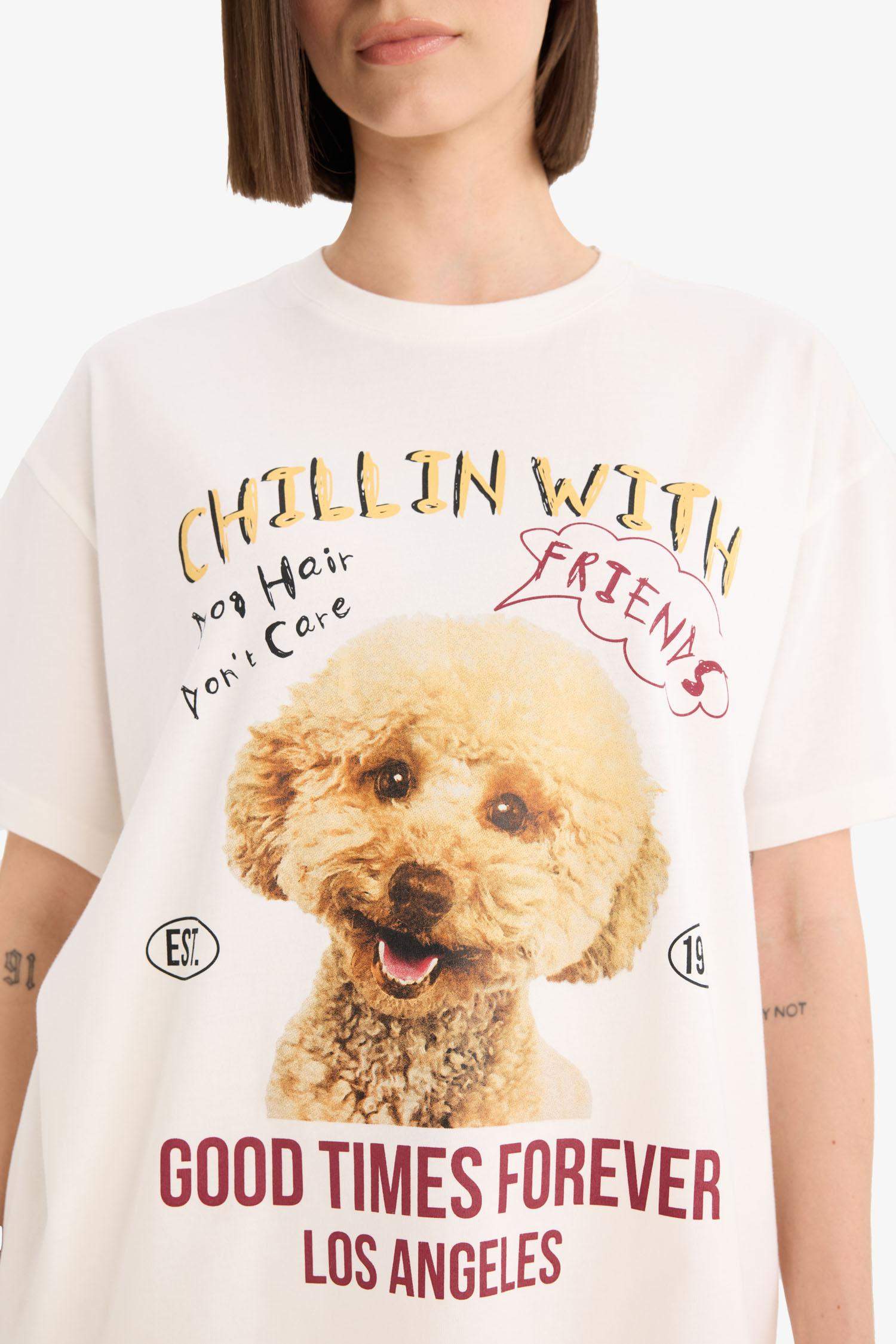 Coool Oversize Geniş Kalıp Bisiklet Yaka Baskılı Kısa Kollu Tişört