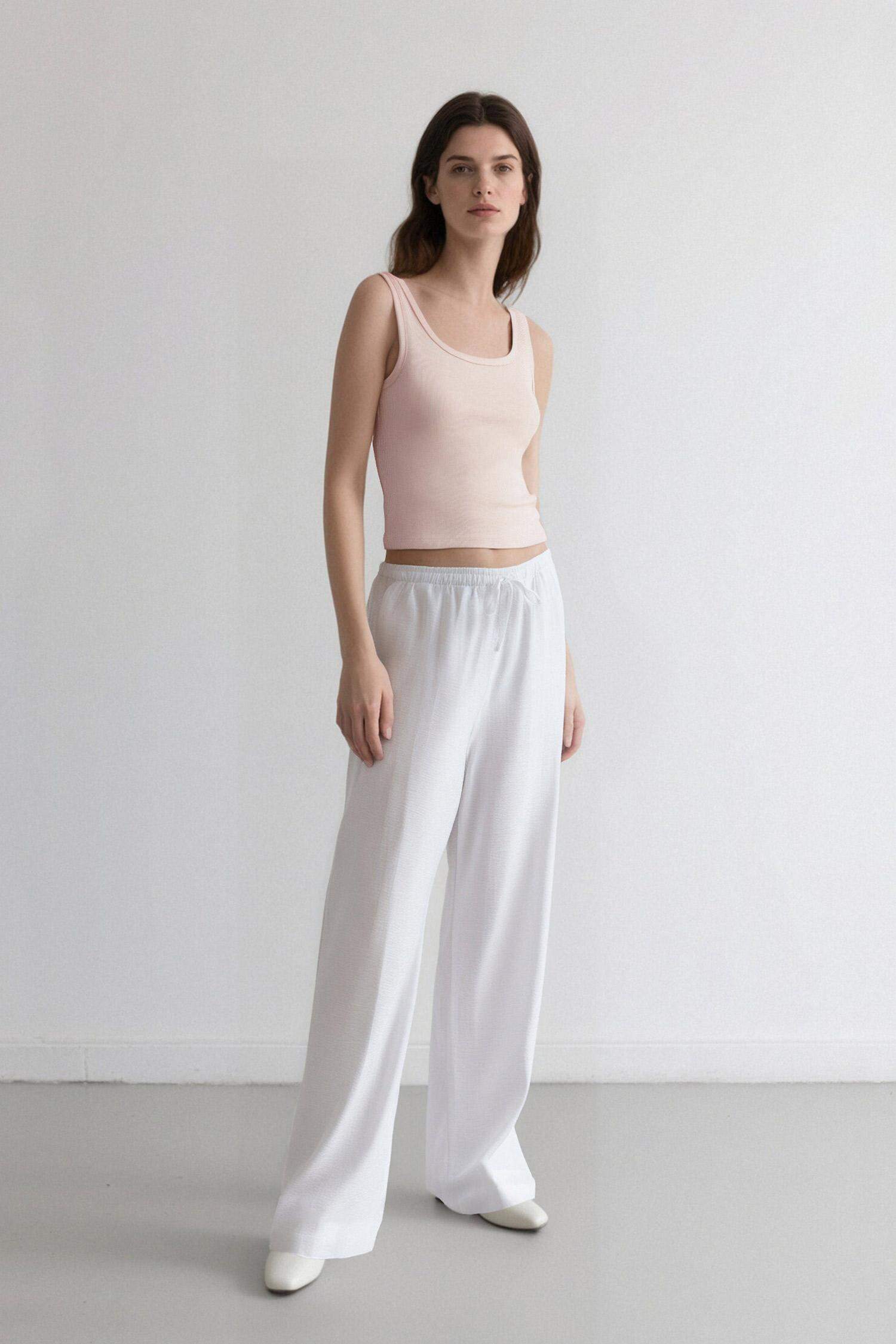 Wide Leg Çift Cepli Yüksek Bel Geniş Paça Beyaz Palazzo Pantolon