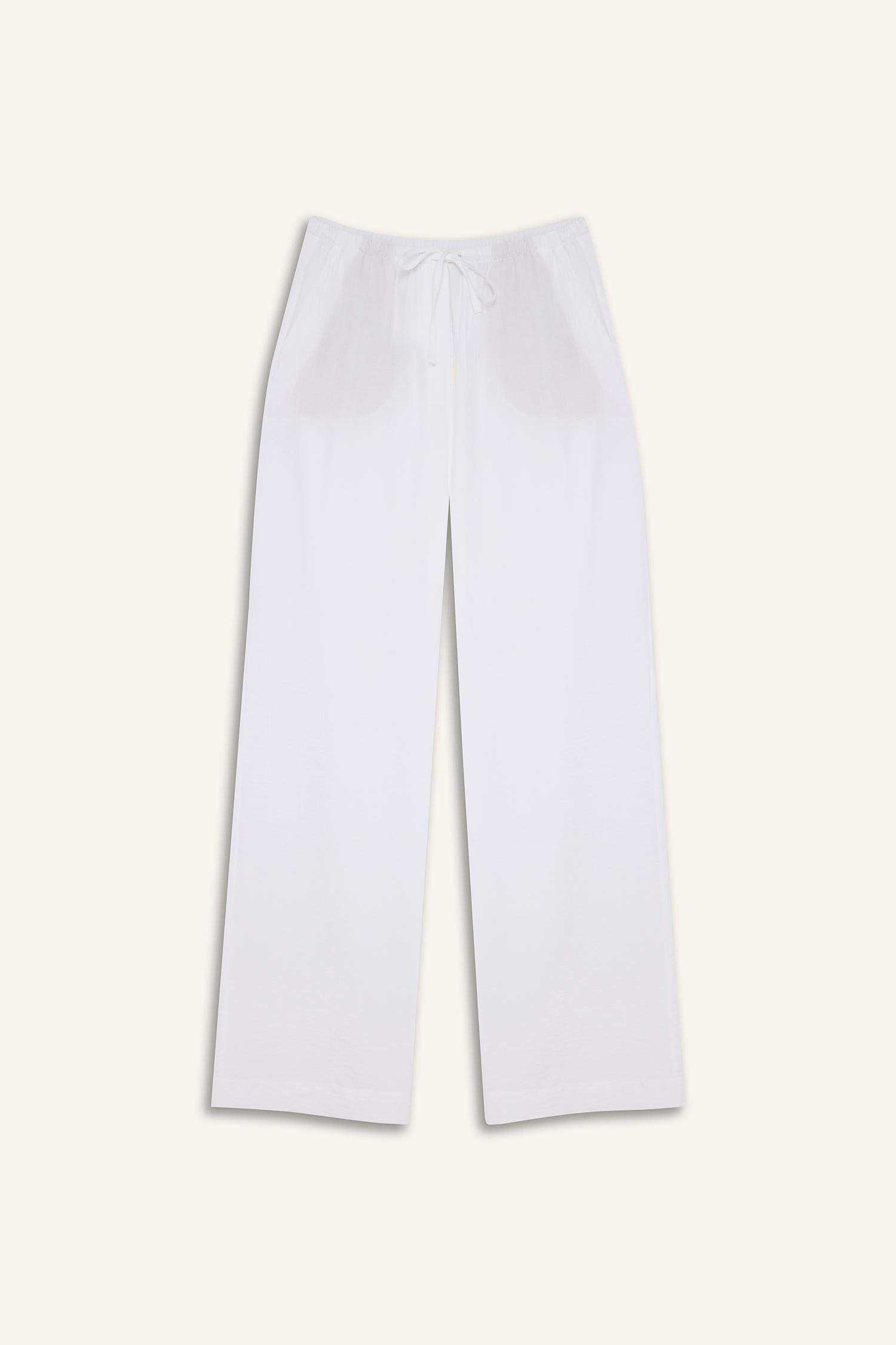 Wide Leg Çift Cepli Yüksek Bel Geniş Paça Beyaz Palazzo Pantolon