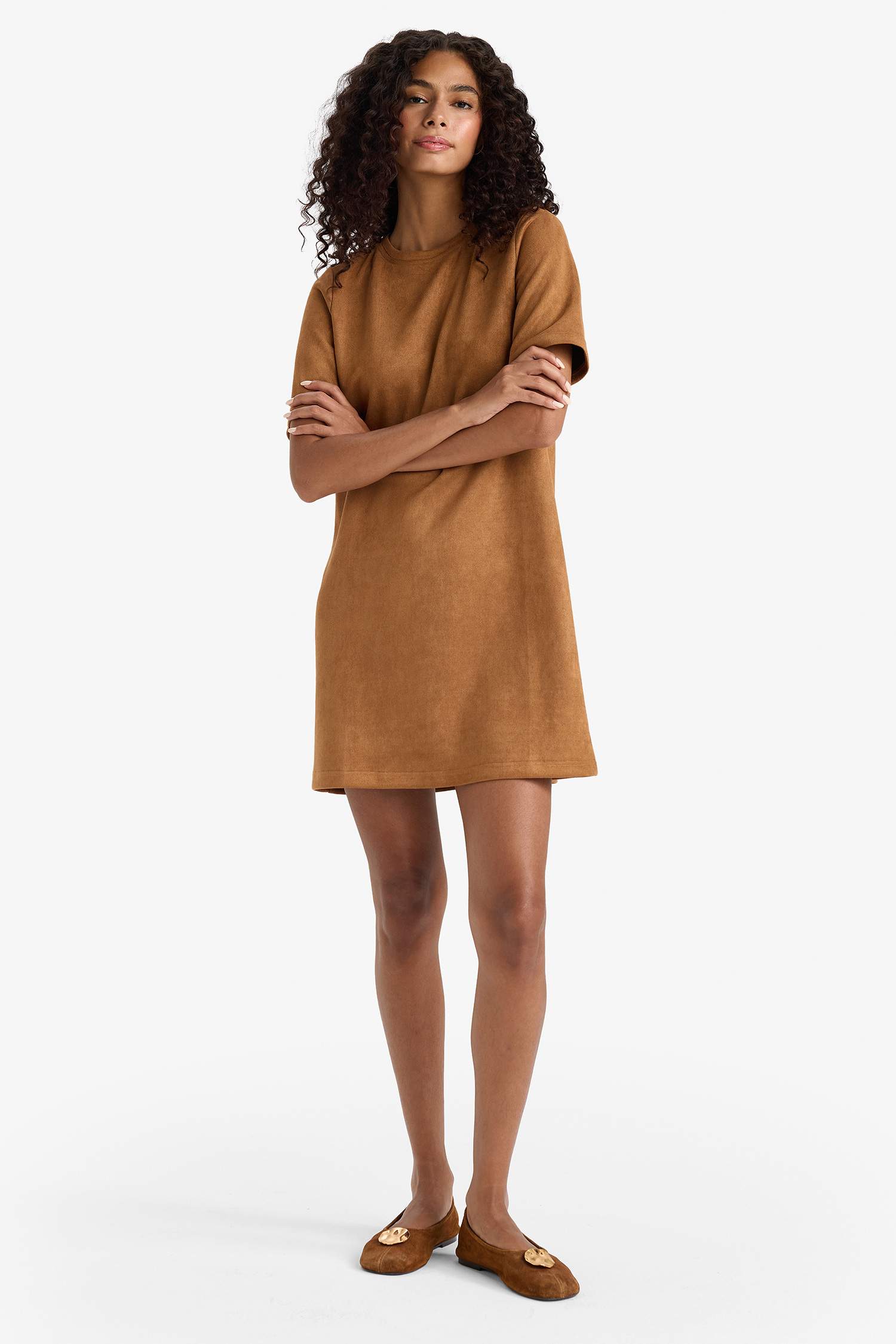A Line Crew Neck Suede Dress