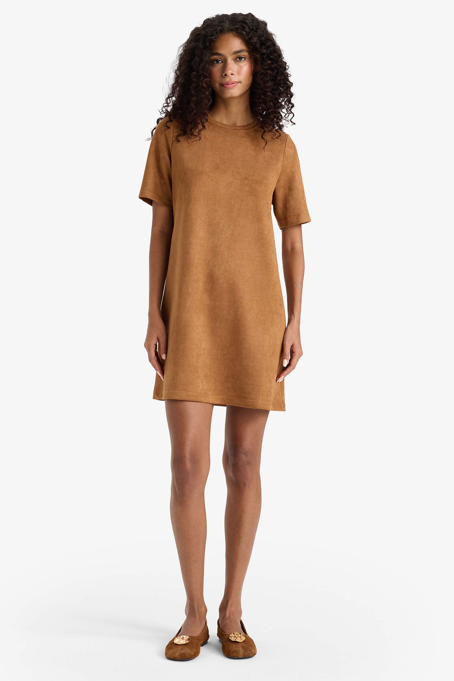 A Line Crew Neck Suede Dress