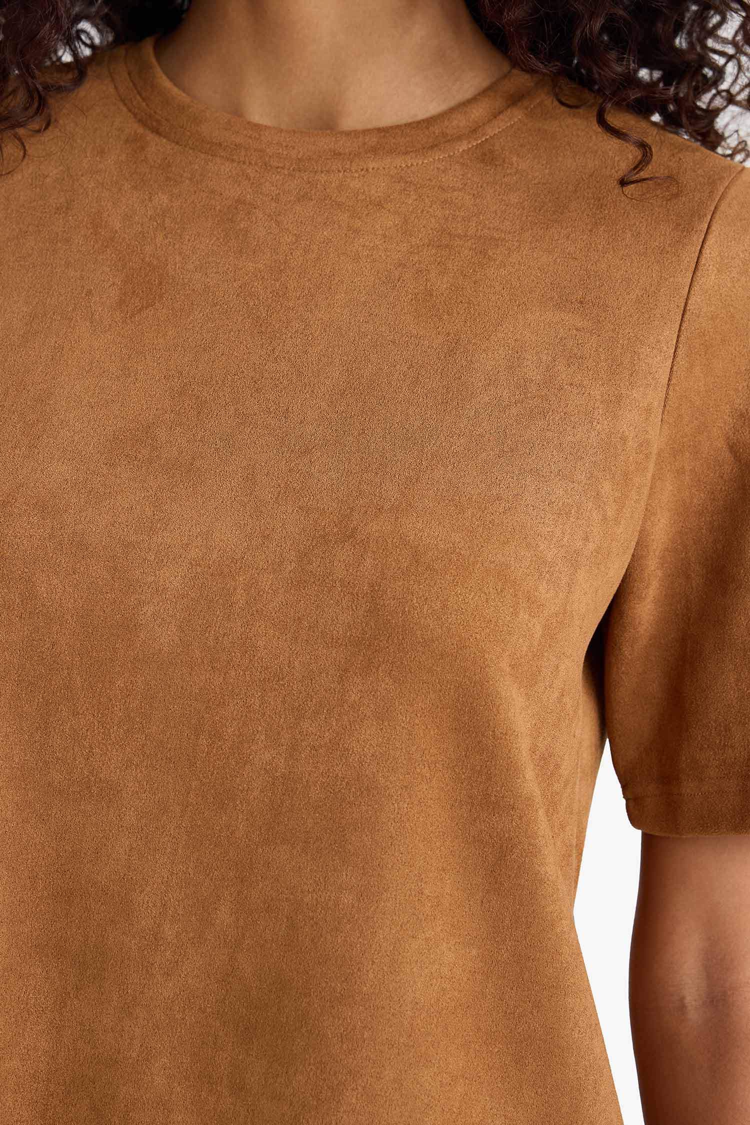 A Line Crew Neck Suede Dress