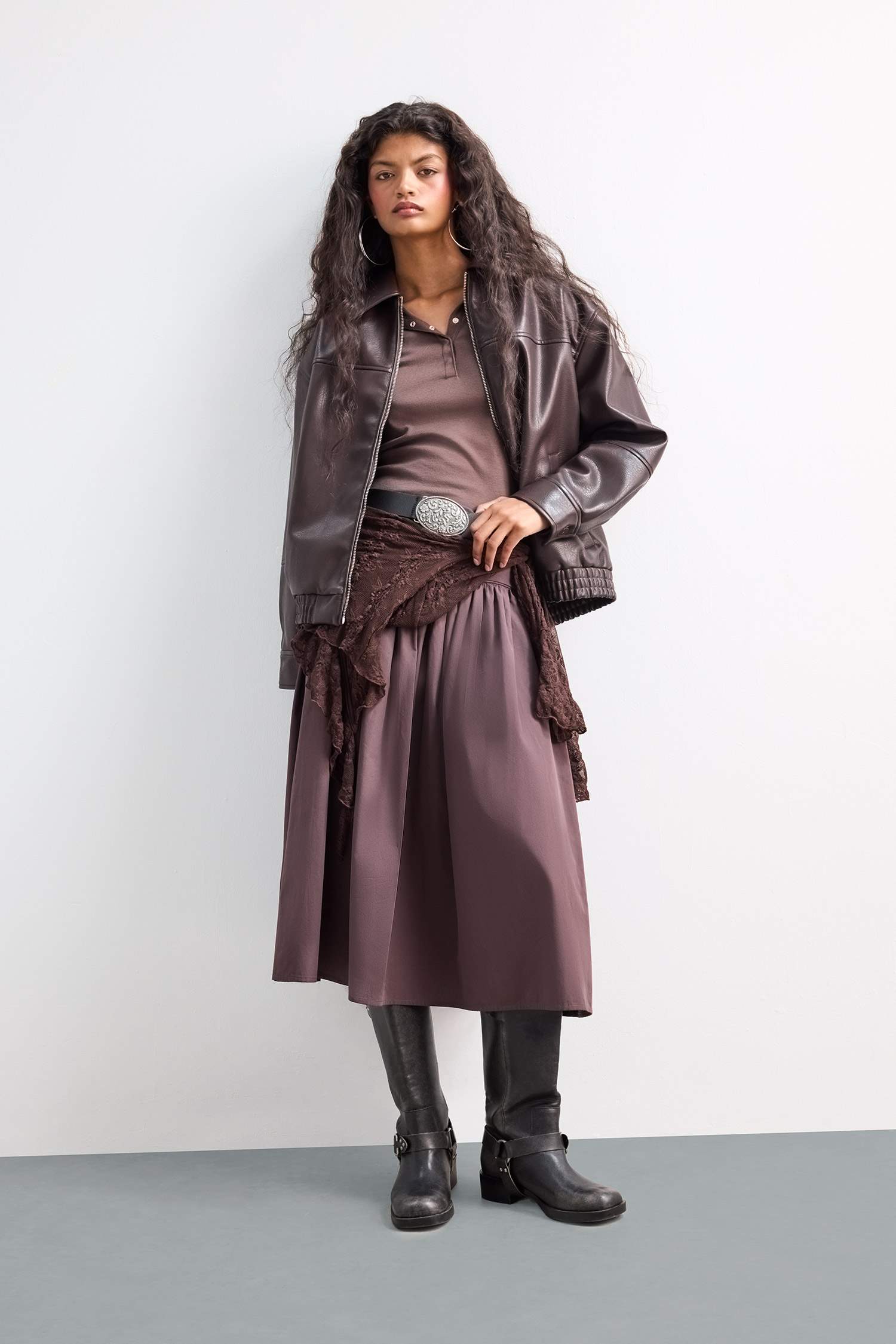 Dad Fit Polo Yaka Fermuarlı Suni Deri Ceket