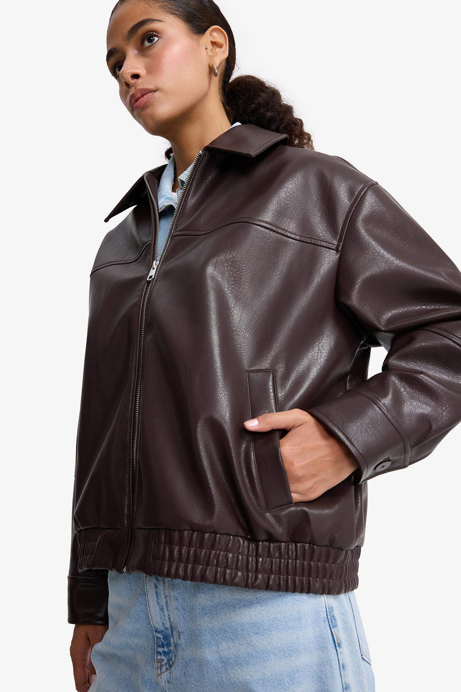 Dad Fit Polo Yaka Fermuarlı Suni Deri Ceket