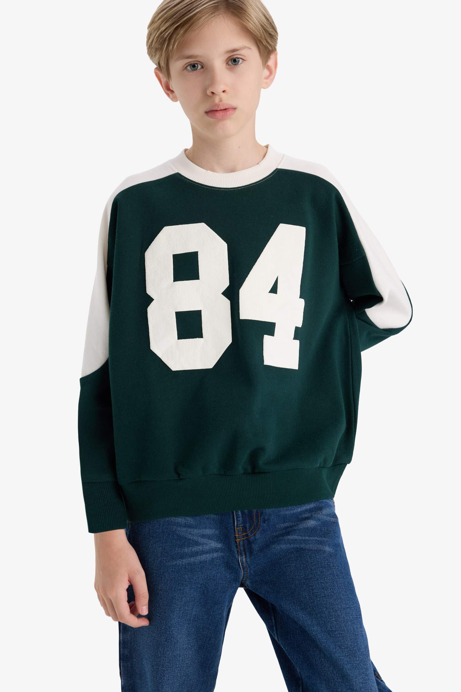 Erkek Çocuk Oversize Geniş Kalıp Bisiklet Yaka Baskılı Okul Sweatshirt